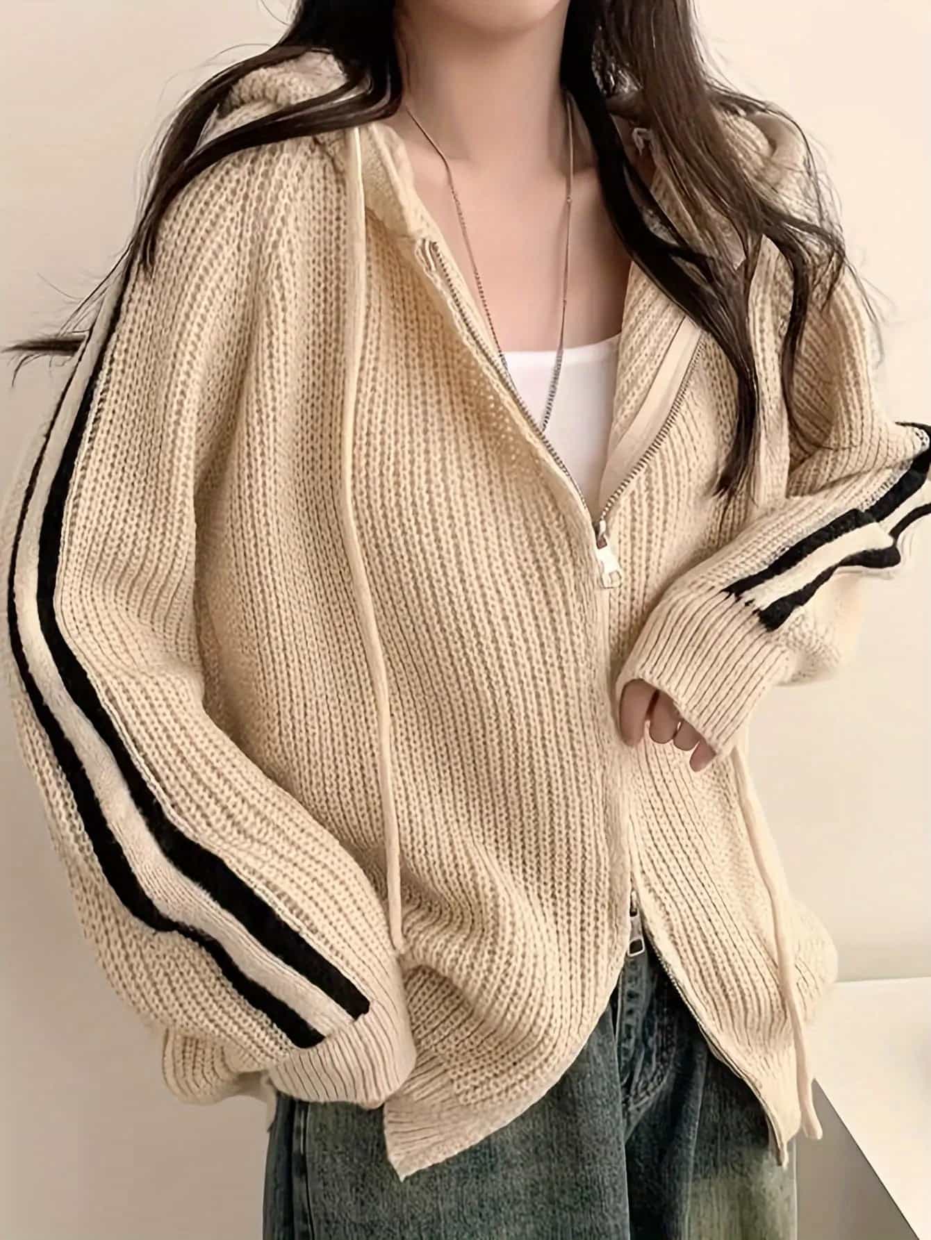 【全店30％OFF引き換え証があり】【ダブルジップ】編み物パーカー レディース ジップアップ トップス フーディー ジレー 袖生産ライン 生産ライン入り口・入口 ざっくり ゆったり 厚地の外套大きさ ビッグ影ぼうし 韓国 流行り物 表どおり 心地よい ゆ