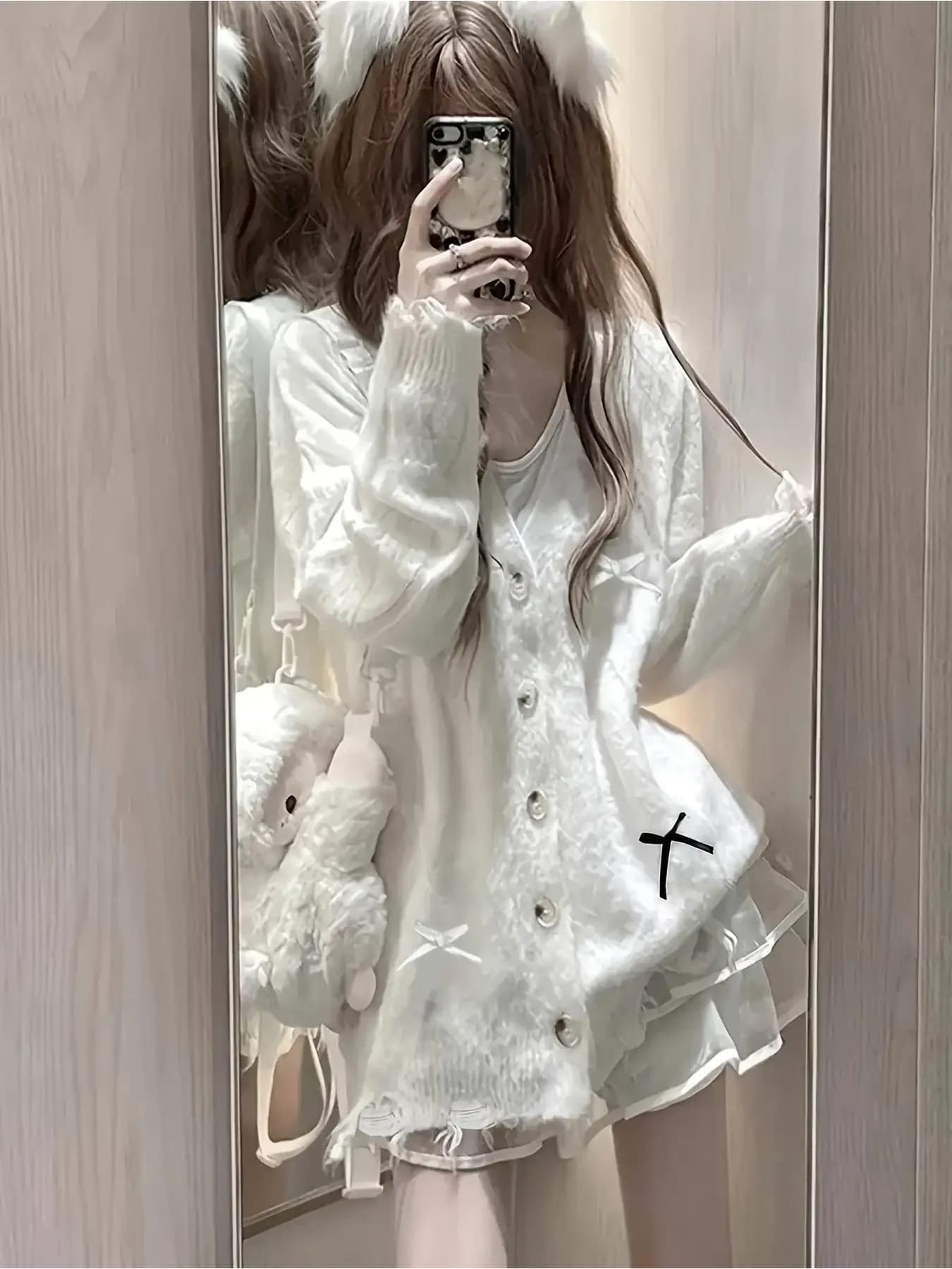 【全店30％OFF引き換え証があり】【不都合産業】 シュロの葉 編み物 ジレー レディース Vのど首 トップス 羽織り 長袖 スウェーター 前食い違い 音の大きさ袖 ゆったり 大きめ 体型押しかぶせる 二の腕押しかぶせる 着痩せ 韓国 流行り物 仕掛地雷系 量産型 サ