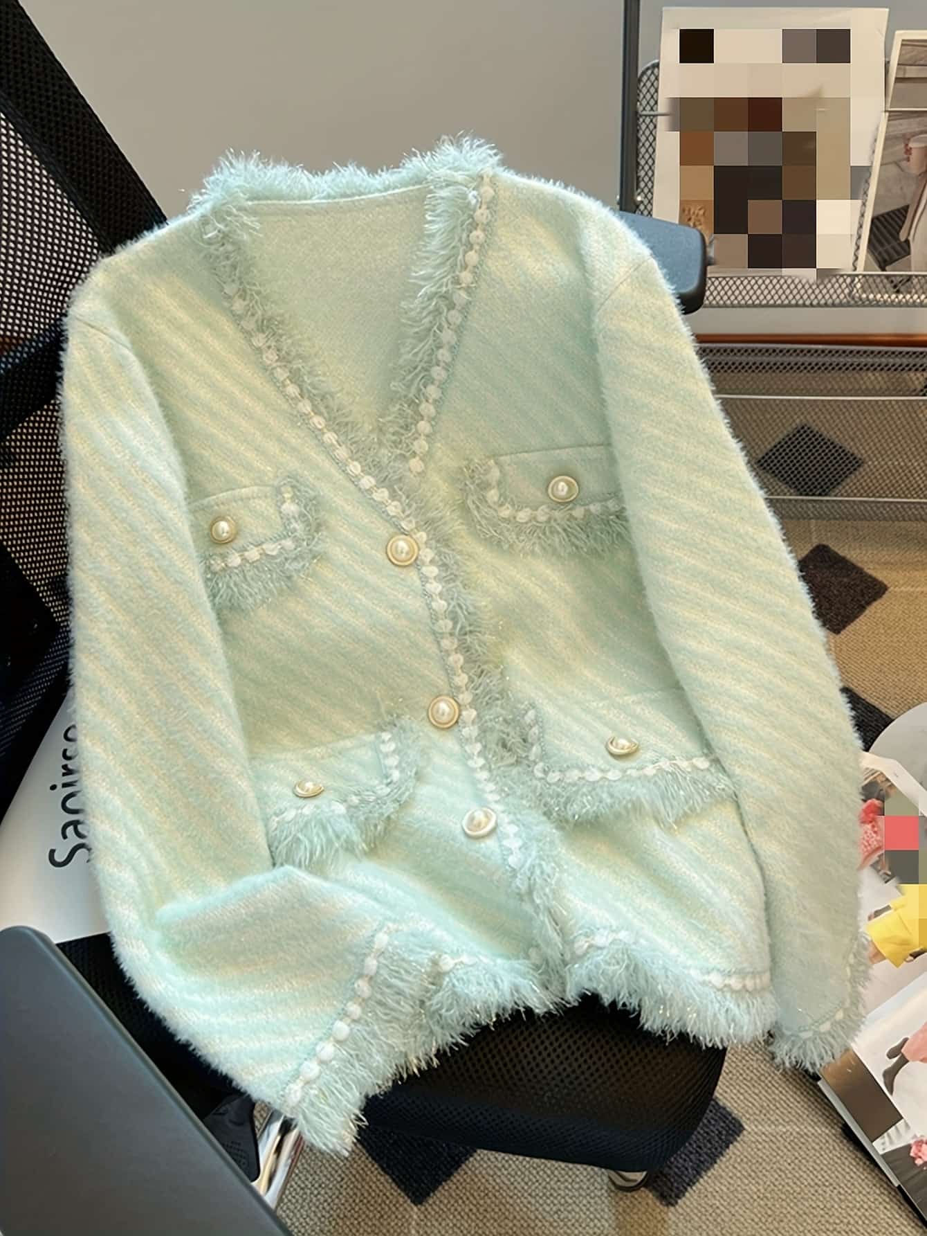 【全店30％OFF引き換え証があり】【ツィード風】 ジレー レディース 編み物 上衣 フリンジ パール名取り草 Vのど首 羽織り トップス 長袖 アウター 厚地の外套 否色合い スウェーター 前食い違い 朦々たる 生あたたかい 防寒 春 秋 冬 間借り人 好いたらしい