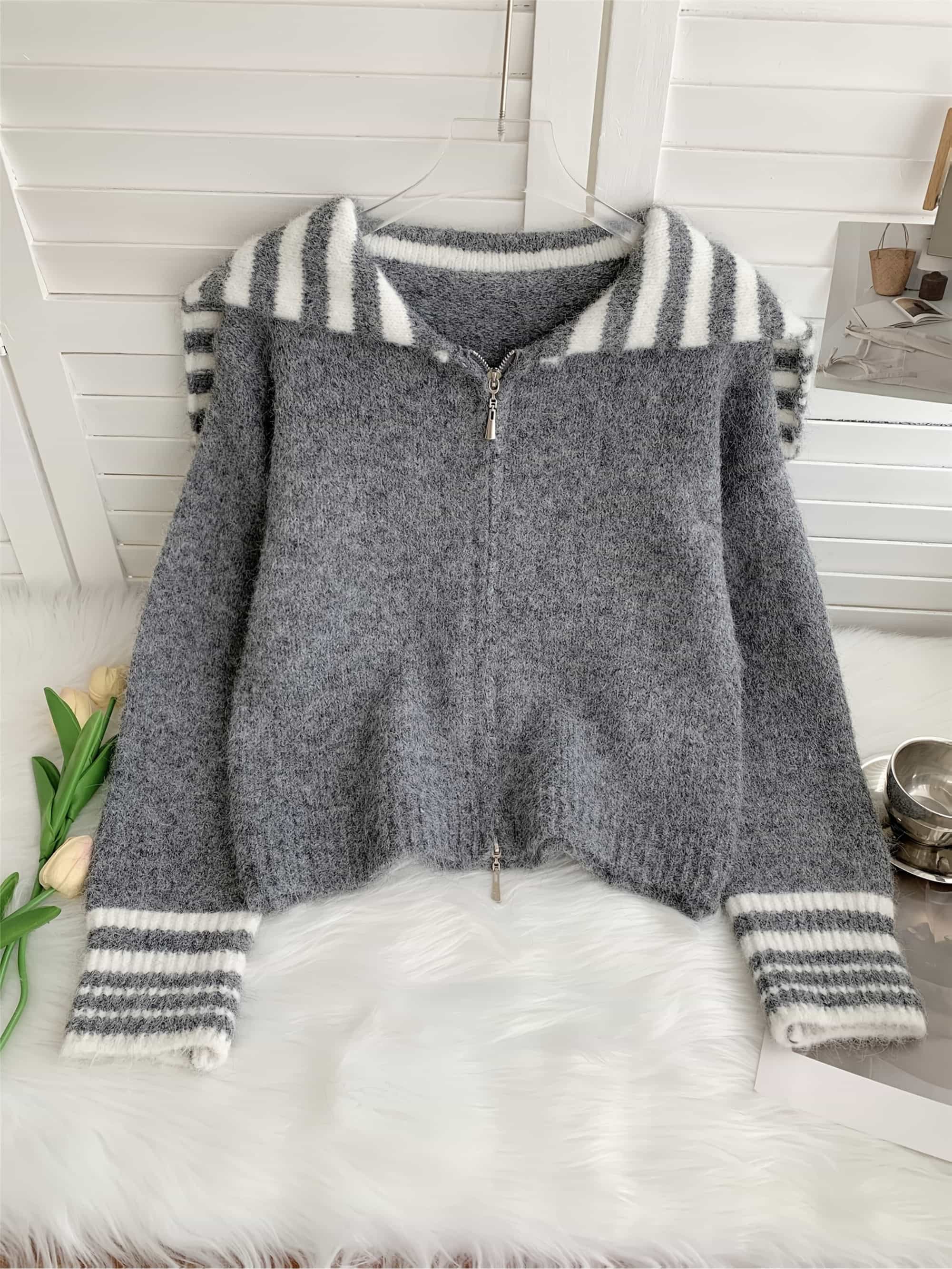 【全店30％OFF引き換え証があり】【ダブルジップ】 編み物 ジレー レディース 乗り組み員色合い 襟付き添い人 間借り人 シャギーニット ジップアップ スウェーター トップス 羽織り もこもこ ふわふわ ゆったり 厚地の外套大きさ 長袖 朦々たる 体型押しかぶせる 着