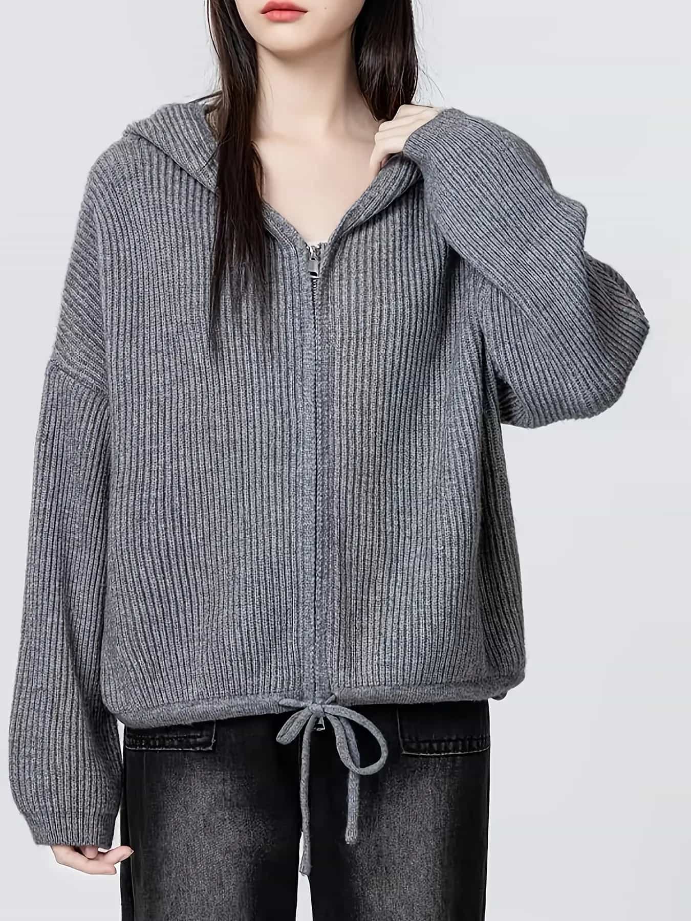 【全店30％OFF引き換え証があり】【畦編み編み物】 編み物パーカー レディース ジップアップ ジレー スウェーター フーディー 羽織り 前食い違い アウター 裾ドロ同盟罷工 ボンネット付き添い人 落っこちる肩部 音の大きさ捩り ゆったり 大きめ 厚地の外套犀