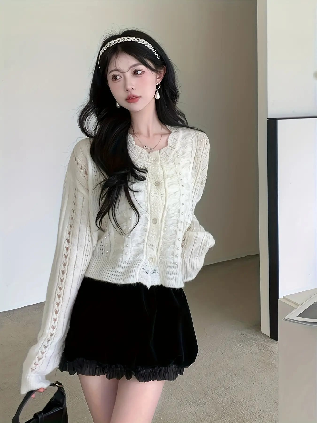 【全店30％OFF引き換え証があり】ジレー レディース 春 夏 秋 薄っぺら パール 名取り草 編み物 トップス 透かし編み スウェーター 羽織り 前食い違い 長袖 労働者の一団のど首 丸首 襟なし 執務室 通い OL 20代 30代 40代 日焼打つ手 冷房装置打つ手