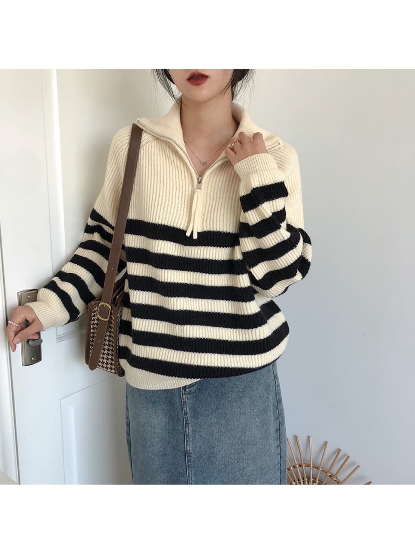 【全店30％OFF引き換え証】【ハーフジップ】間借り人 編み物 スウェーター レディース トップス ハイネック タートルネック ティーシャツ リブニット チャック ジップアップ 長袖 ビッグ影ぼうし 厚地の外套大きさ ゆる編み物 体型押しかぶせる 着痩せ 割れ易い