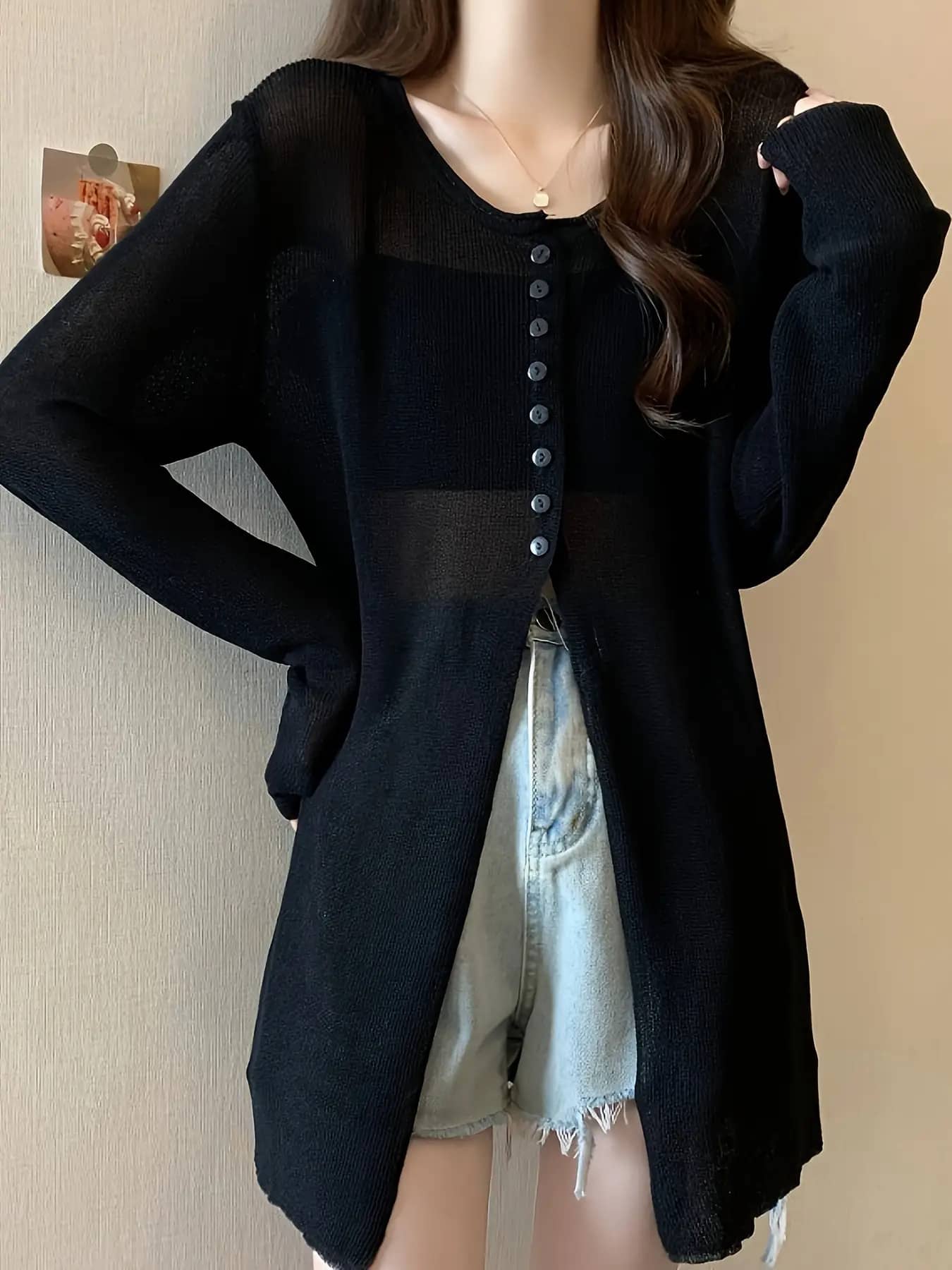 【全店30％OFF引き換え証】【体型押しかぶせる】ジレー レディース ロング 薄っぺら シアーニット 炎節ジレー 羽織り トップス 前食い違い 名取り草 長袖 透け感 紫外線打つ手 ＵＶとり捨てる 冷房装置打つ手 日焼打つ手 上衣丈 たわい無い 細長い切口 着痩せ 細