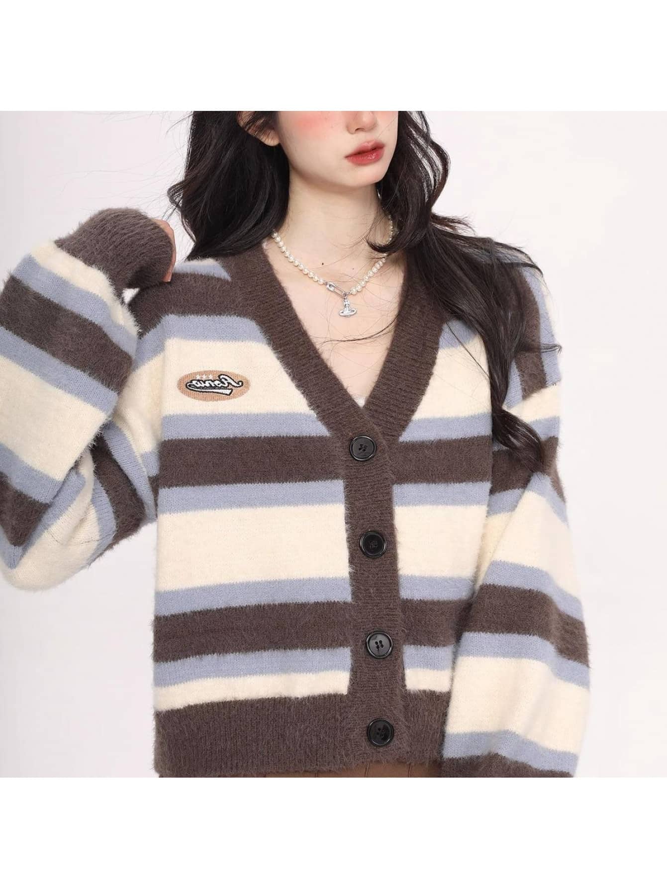 【全店通用25%OFFクーポン】【レトロボーダー】カーディガン レディース ニット セーター ミンクタッチ シャギー Vネック トップス 羽織り ショート丈 長袖 ゆったり 暖かい 前開き 厚手 配色 オーバーサイズ 体型カバー 着痩せ カジュアル|大森麗萱