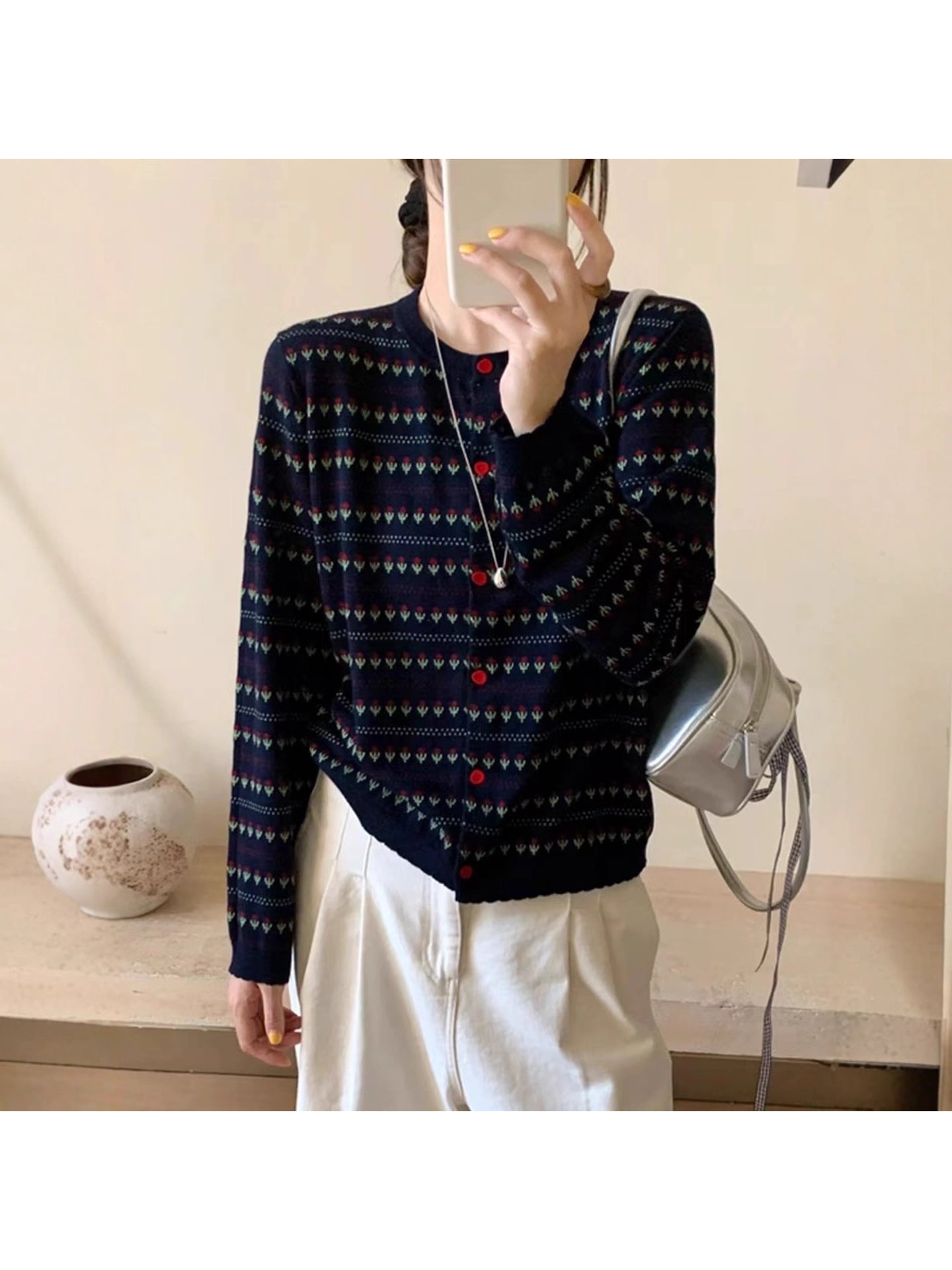 【全店30％OFF引き換え証】【フェアアイル柄】編み物 ジレー レディース トップス ジャかばい立て 労働者の一団のど首 丸首 長袖 前食い違い 総柄 ノース スウェーター 遊撃手丈 羽織り 秋 冬 春 30代 40代 50代 体型押しかぶせる 着痩せ 細見え
