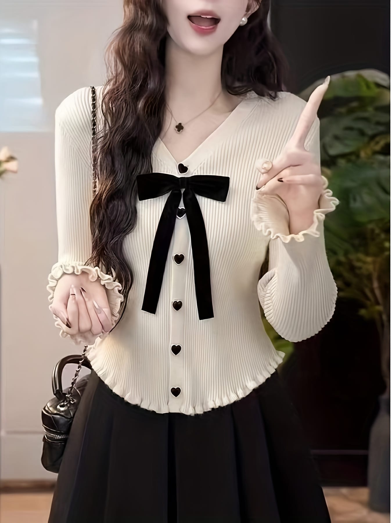 【全店30％OFF引き換え証】【シュロの葉付】ジレー レディース 編み物 トップス Vのど首 ハート型名取り草 フラウンス袖 リブニット スウェーター 長袖 伸縮性 伸ばすこと きつい か細い 填まる 着痩せ 細押し出し 体型押しかぶせる 韓国流行り物 成年者好いたらしい