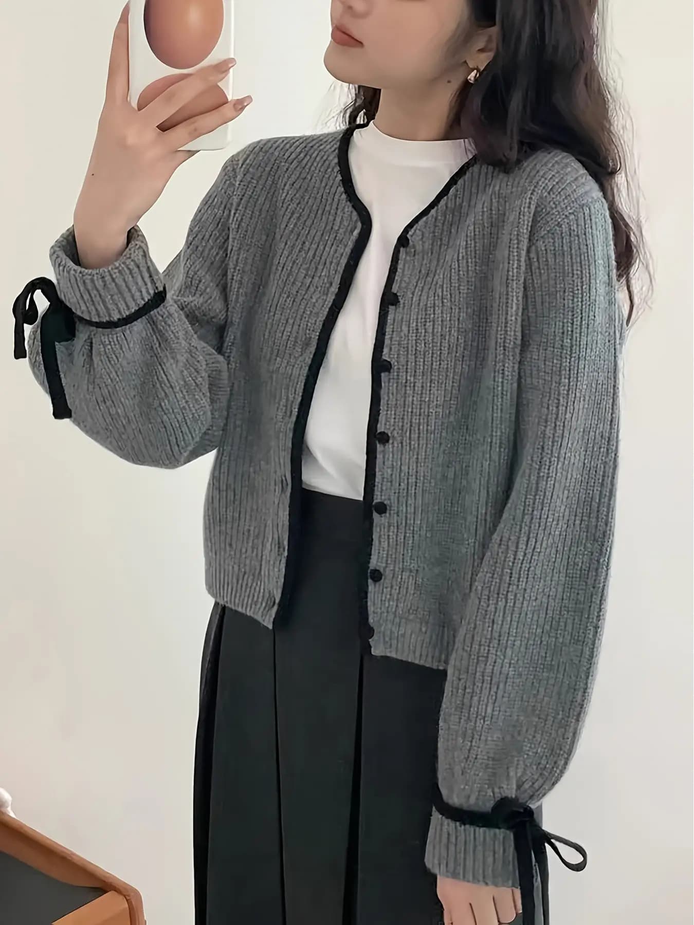 【全店30％OFF引き換え証】【袖シュロの葉】ジレー レディース 編み物 リブニット トップス 長袖 労働者の一団のど首 バイ色合い 色彩設計 パイピング 羽織り 前食い違い 名取り草 洗える マシンウォッシャブル 体型押しかぶせる 着痩せ 二の腕押しかぶせる レトロ 成年者可愛