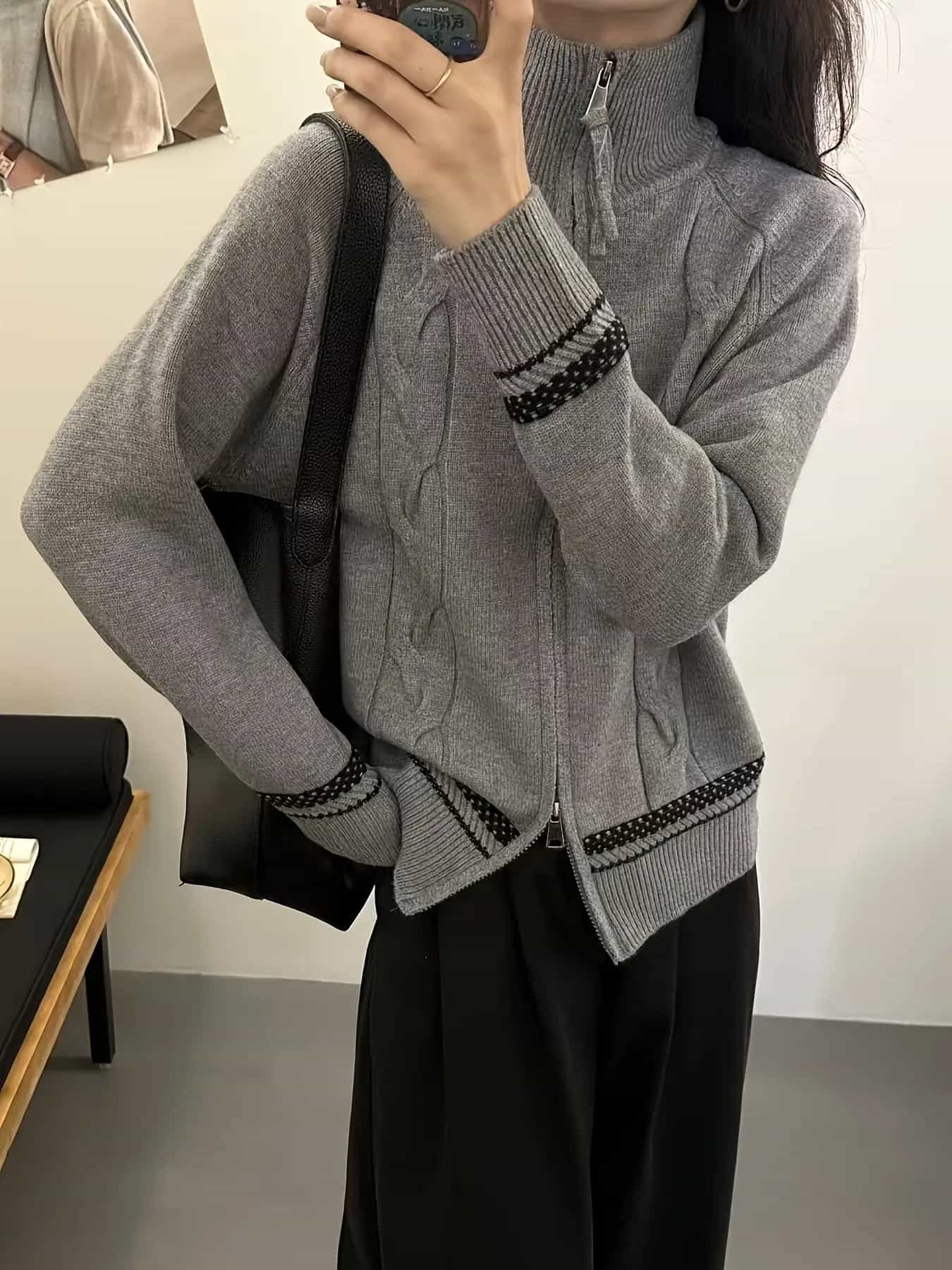 【全店30％OFF引き換え証】【ハーフジップ風】編み物ジレー スウェーター ジップアップ ハイネック 照明ランプ色合い 有線テレビ編み 朦々たる 生あたたかい 羽織り ラグラン捩り 遊撃手丈 ゆったり 体型押しかぶせる 小顔成り行き 着痩せ 防寒 執務室 通い 成年者