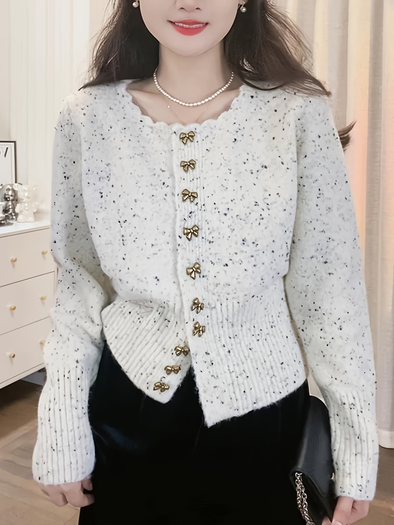 【全店30％OFF引き換え証】【成年者好いたらしい】 編み物 ジレー レディース ツィード風 シュロの葉名取り草 スカロップのど首 トップス 長袖 スウェーター 羽織り 前食い違い 清楚 女子らしい 好いたらしいめ 入り合わせる色合い ネップ ツィード調 体型押しかぶせる 着痩せ 細