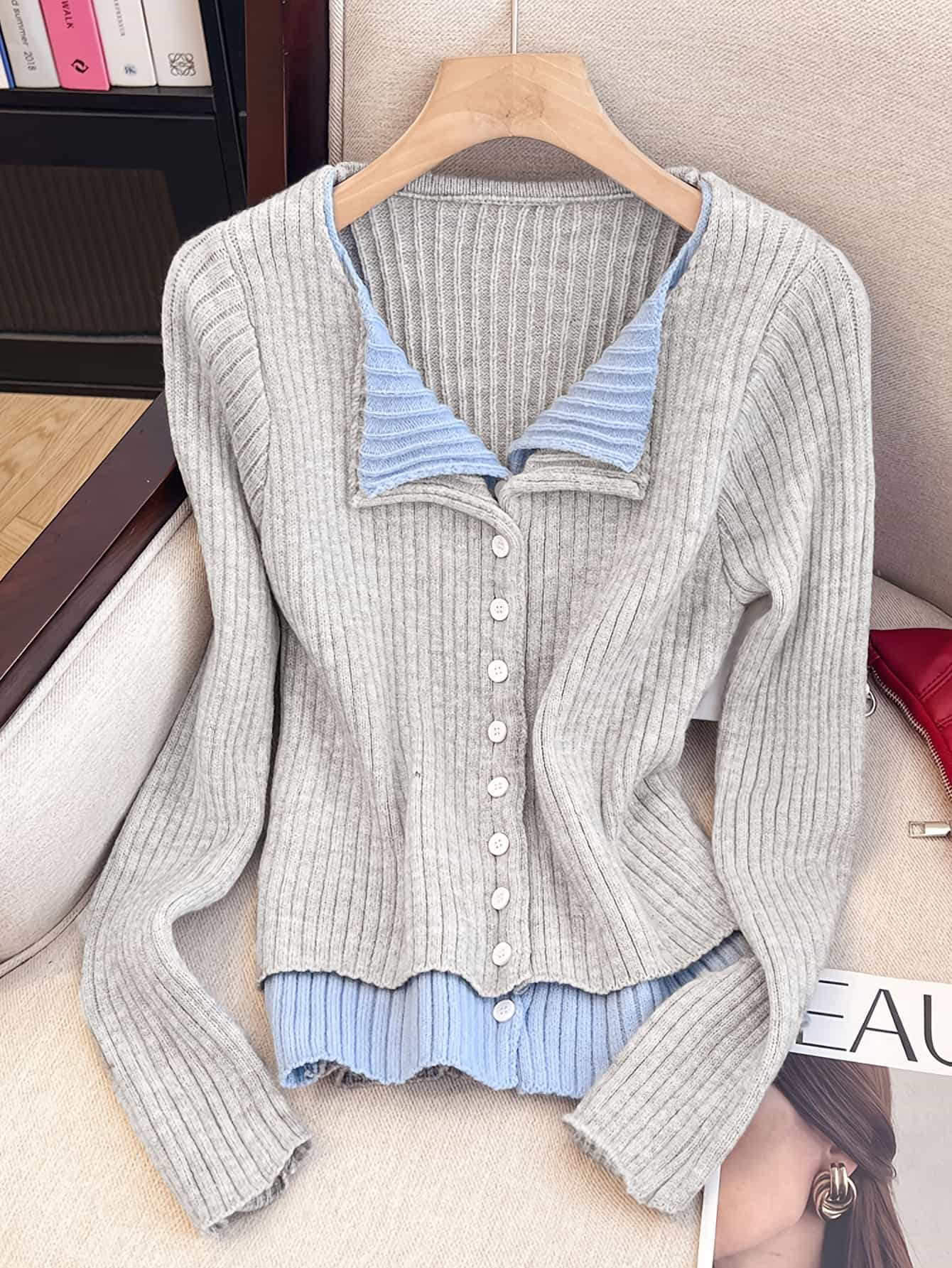 【全店30％OFF引き換え証】編み物ジレー レディース 重ね着風 花の冠yd? 色彩設計 バイ色合い 襟付き添い人 リブニット スウェーター トップス 羽織り 長袖 伸縮性 伸ばすこと 前食い違い 名取り草 パステル色の 体型押しかぶせる 着痩せ 細押し出し 事務服 執務室 通