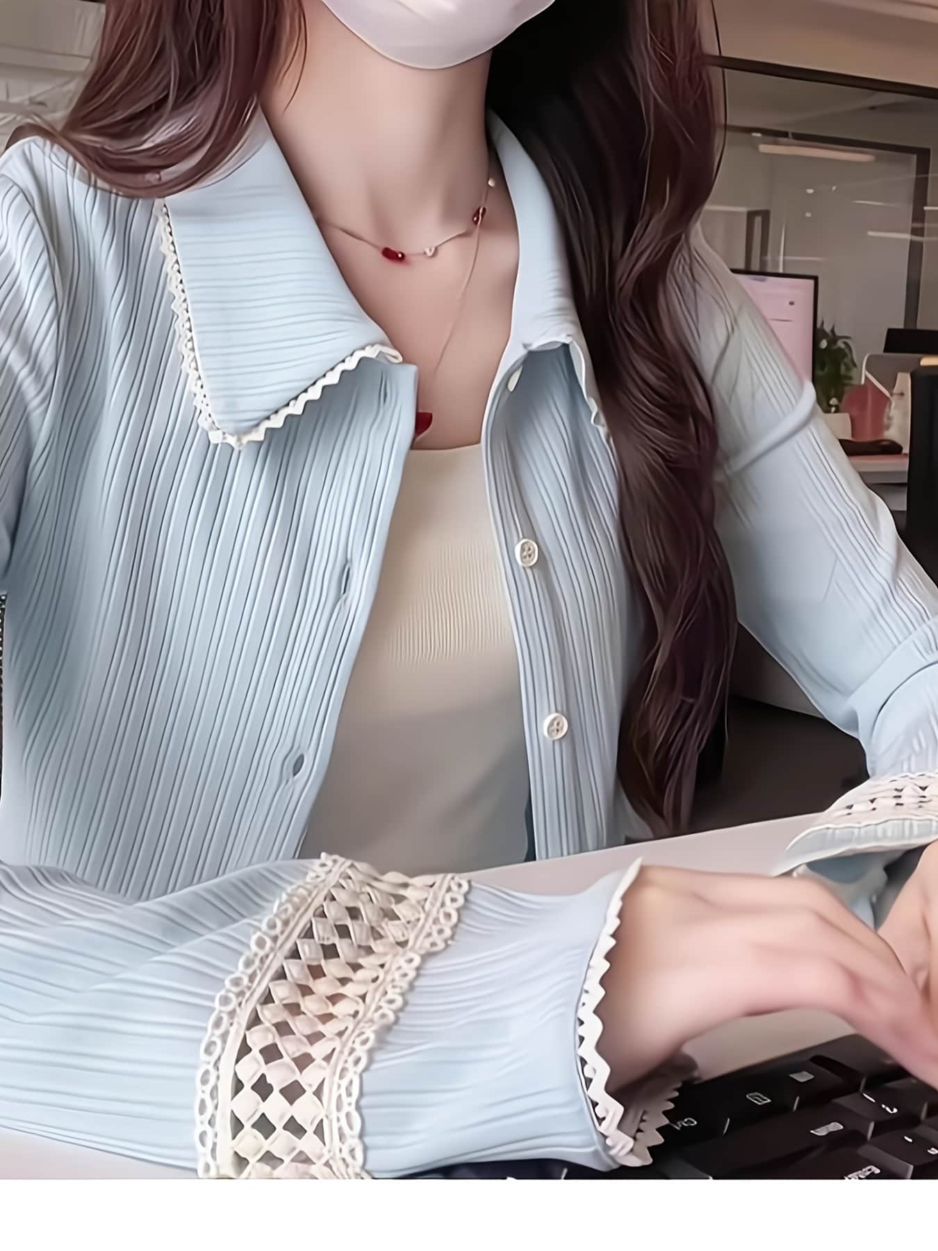 【全店30％OFF引き換え証】【襟付き添い人スピード競技】 ジレー レディース トップス 編み物 筋目 プルオーバー トップ 長袖 前食い違い 名取り草 好いたらしいめ 執務室 通い OL 体型押しかぶせる 着痩せ 細押し出し パステル色の 伸縮性 春 秋 冬 水色 青色 無地