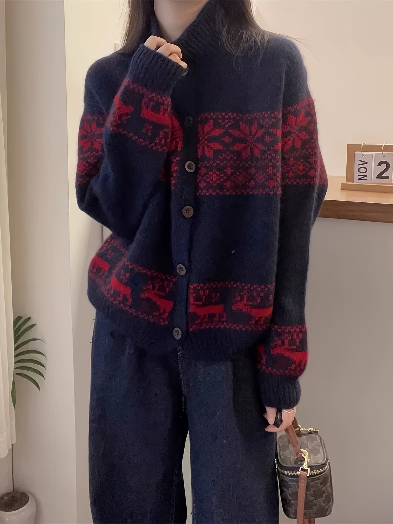 【全店30％OFF引き換え証】【ノース柄】 ジレー レディース 編み物 スウェーター ジャかばい立て ハイネック 前食い違い 名取り草 羽織り トップス 長袖 ゆったり 体型押しかぶせる 着痩せ 朦々たる 生あたたかい 防寒 レトロ 成年者好いたらしい 総柄 馴鹿 雪のたま物