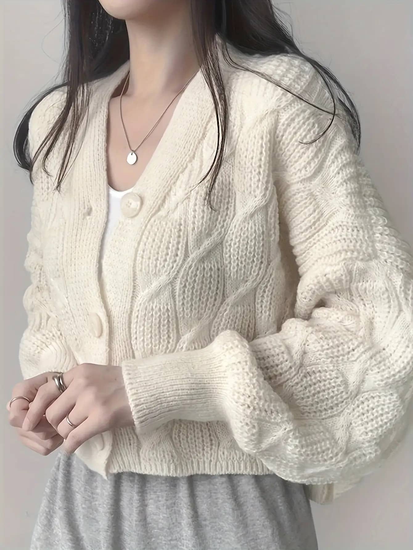 【全店30％OFF引き換え証】ジレー レディース 編み物 有線テレビ編み Vのど首 羽織り トップス スウェーター 前食い違い ざっくり編み 音の大きさ袖 長袖 無地 朦々たる 洗える ウォッシャブル 体型押しかぶせる 二の腕押しかぶせる 割れ易い押し出し ゆったり たわい無い 大きい