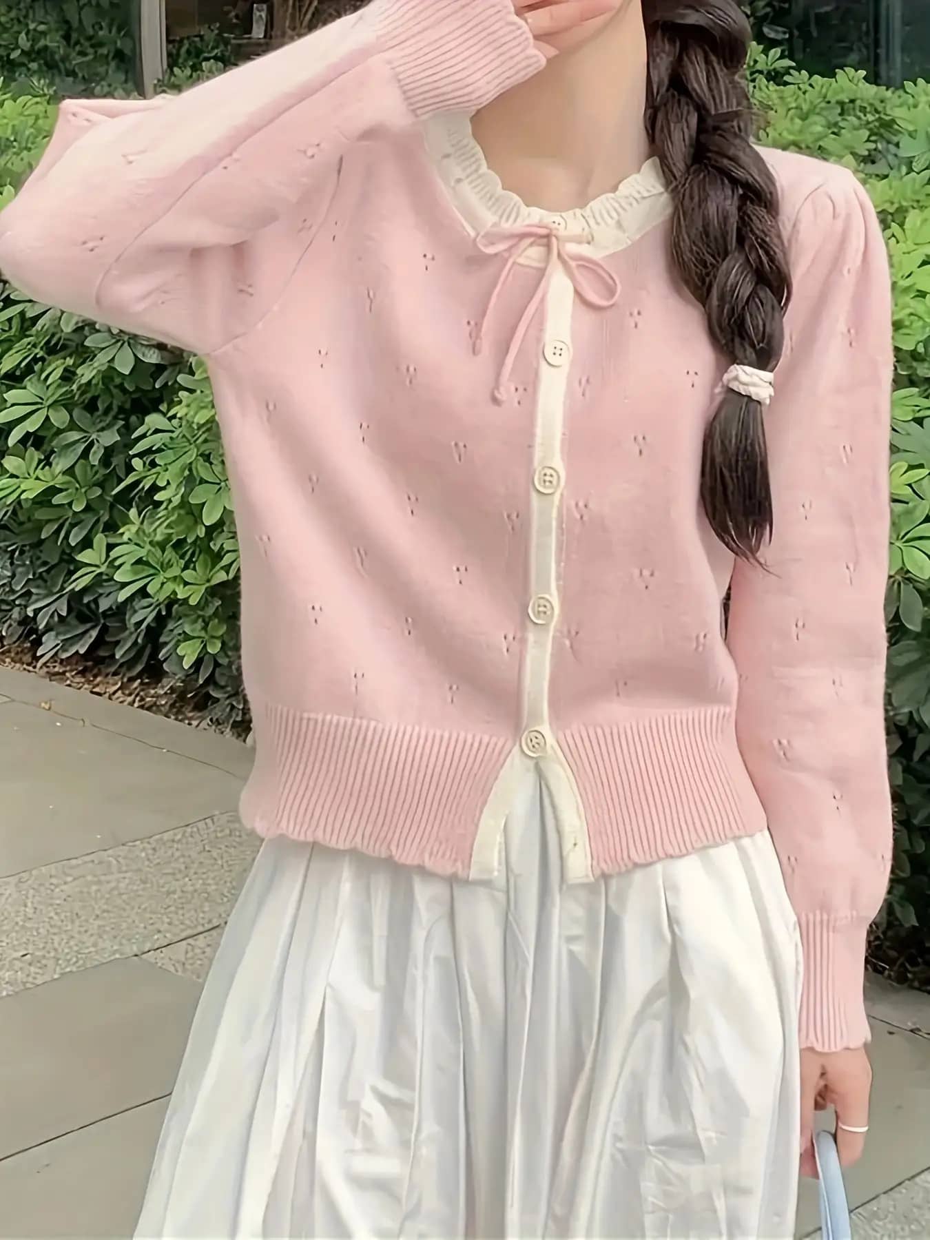 【全店30％OFF引き換え証】【成年者好いたらしい】 ジレー レディース 編み物 スウェーター トップス 長袖 フラウンス 襟付き添い人 シュロの葉 透かし編み 前食い違い 名取り草 色彩設計 バイ色合い パステル色の カシミール触れ合う 体型押しかぶせる 着痩せ 二の腕押しかぶせる 執務室 通い