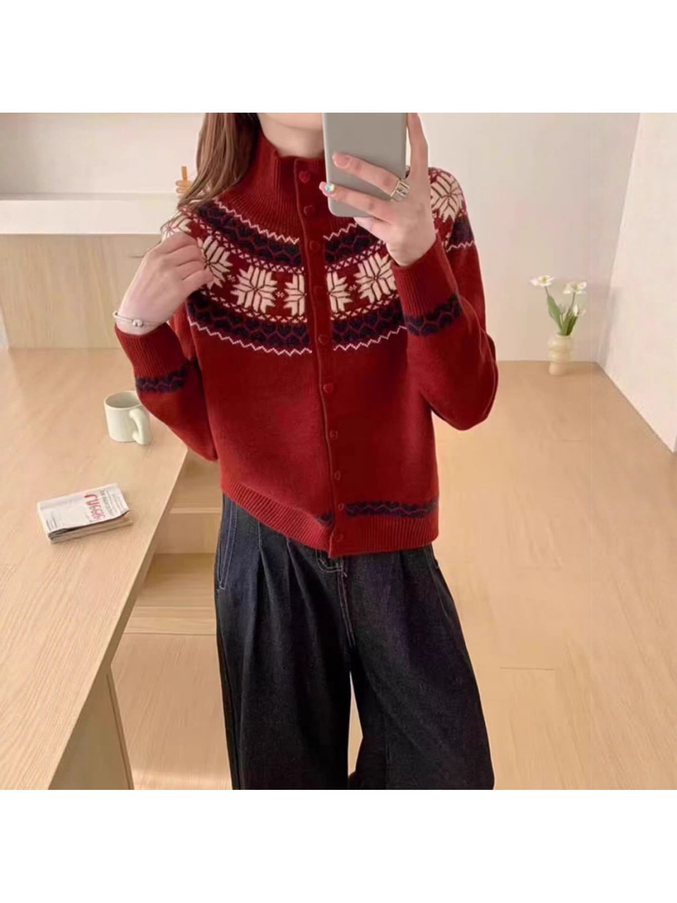 【全店30％OFF引き換え証】【ノース柄】ジレー レディース 編み物 スウェーター ジャかばい立て 立ち襟 ハイネック 照明ランプ色合い 前食い違い トップス 羽織り 朦々たる 長袖 ざっくり 色彩設計 厚地の外套大きさ 体型押しかぶせる 着痩せ 割れ易い押し出し 遊撃手丈