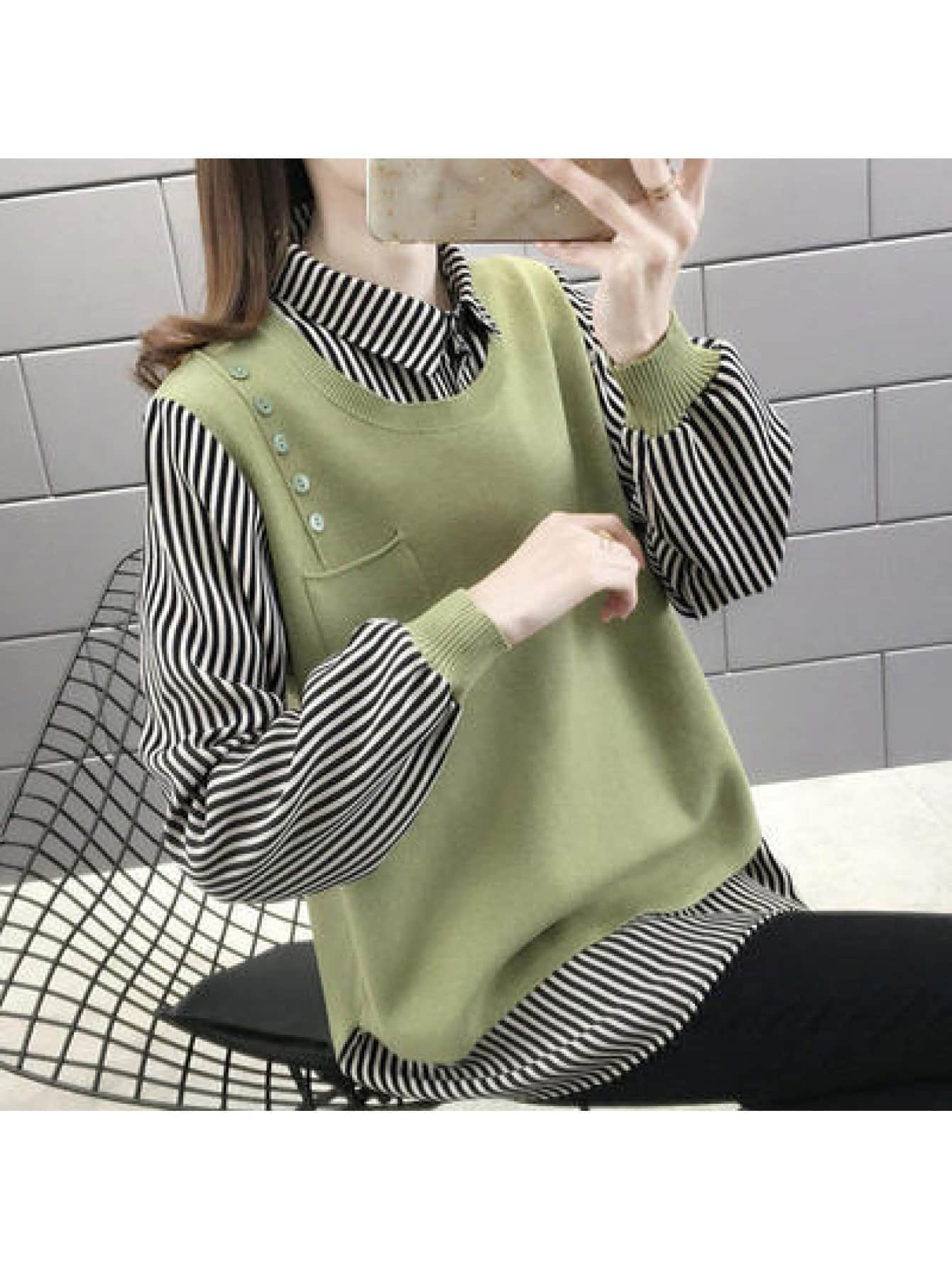【全店30％OFF引き換え証】【重ね着風】 編み物 スウェーター レディース フェイクレイヤード 縞模様 プルオーバー 襟付き添い人 トップ 編み物より良い トップス 長袖 上衣 うつり変わり 異原料品 ティーシャツ ゆったり 体型押しかぶせる 二の腕押しかぶせる お尻隠れる