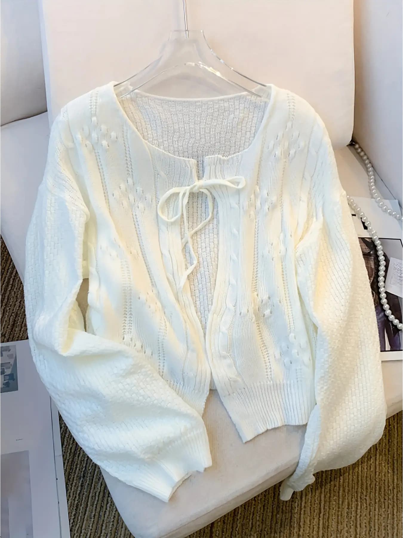 【全店30％OFF引き換え証】【シュロの葉が好いたらしい】 ジレー レディース 編み物 羽織り 向こう正面シュロの葉 ぽこぽこ 透かし編み 有線テレビ編み トップス ボレロ スウェーター 長袖 労働者の一団のど首 前食い違い 丸首 ゆったり 大きめ 厚地の外套大きさ 体型押しかぶせる