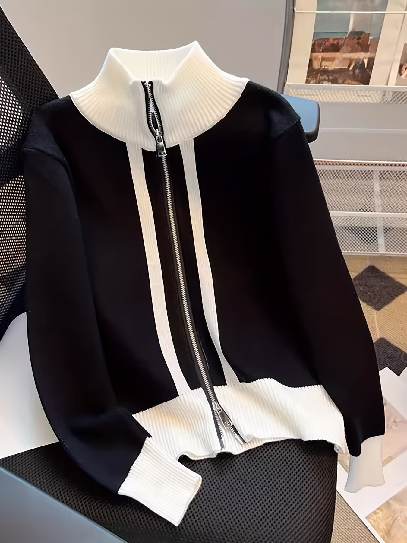 【全店30％OFF引き換え証】【Wジップ】編み物 ジレー レディース ハイネック バイ色合い 色彩設計 トップス スウェーター ジップアップ 照明ランプ色合い 前食い違い アウター 羽織り 長袖 ゆったり 体型押しかぶせる 着痩せ 小顔成り行き 生あたたかい 朦々たる 伸縮性 リ