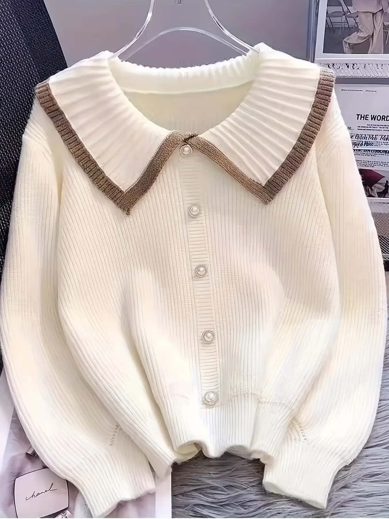 【全店30％OFF引き換え証】【襟元パール】編み物 スウェーター レディース トップス ビッグ色合い 襟付き添い人 色彩設計 パイピング 長袖 ティーシャツ パール名取り草 リブニット 女子らしい 成年者好いたらしい 好いたらしいめ レトロ フレンチ 心地よい 執務室心地よい