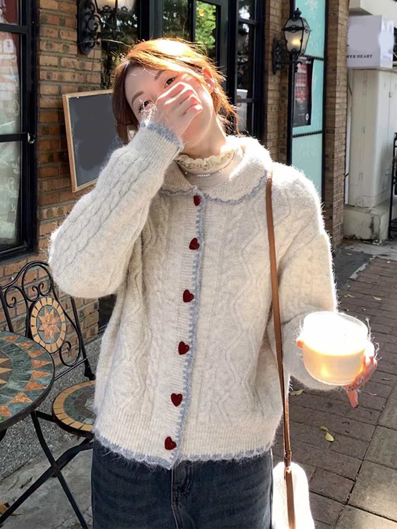 【全店30％OFF引き換え証】【ハート型名取り草】 ジレー レディース 編み物ジレー 襟付き添い人 有線テレビ編み トップス 編み物 長袖 前食い違い 羽織り スウェーター 鉄道車両デ ざっくり編み物 色彩設計 パイピング レトロ ヴィンテージ風 韓国 流行り物