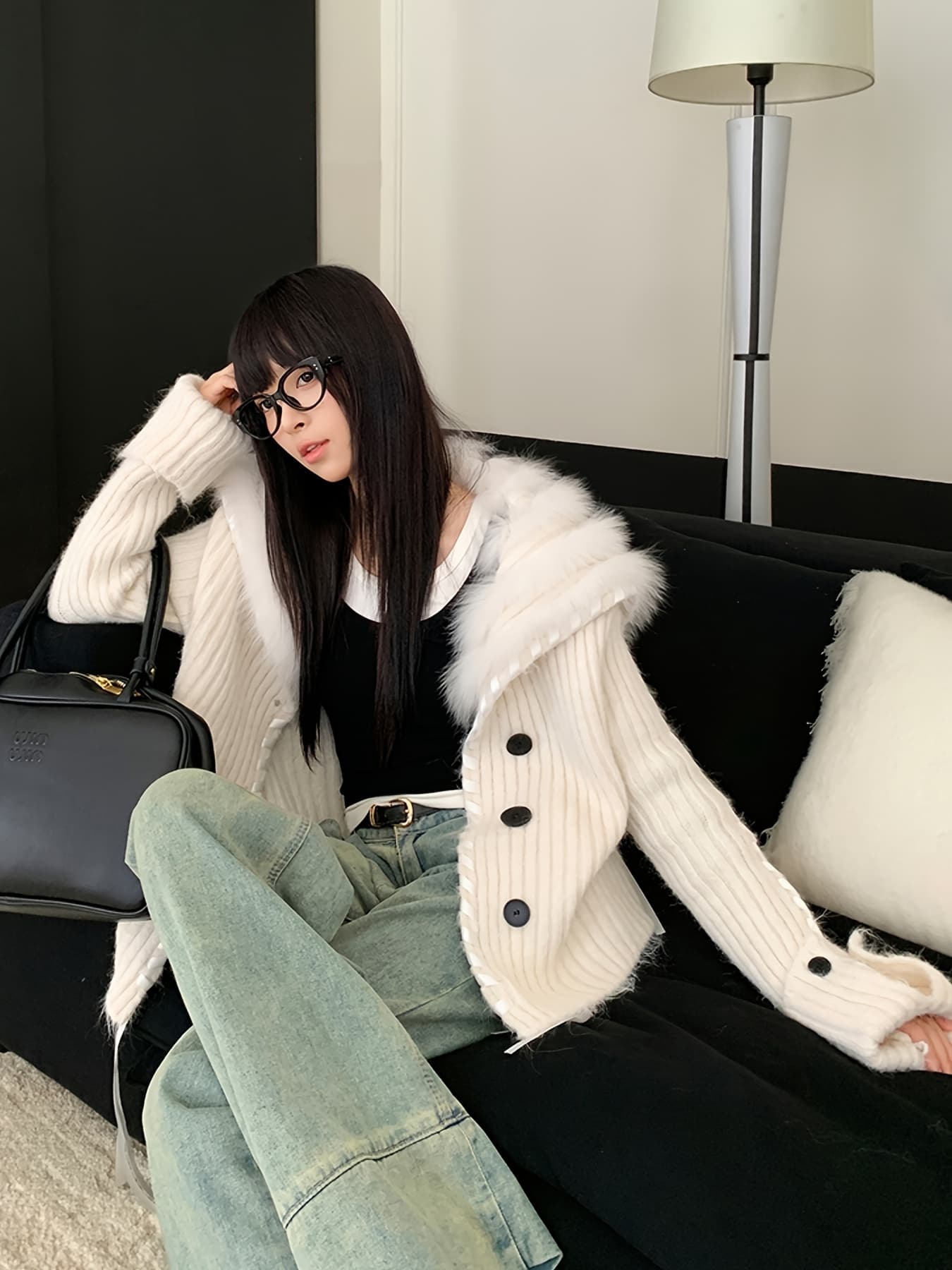 【全店30％OFF引き換え証】【小顔成り行き】乗り組み員色合い 編み物ジレー フェイクファー付き添い人 スウェーター レディース アウター エコ毛皮 狐狸風 シュロの葉 リブニット 前食い違い 名取り草 朦々たる 長袖 生あたたかい あったか もこもこ 防寒 体型押しかぶせる 着