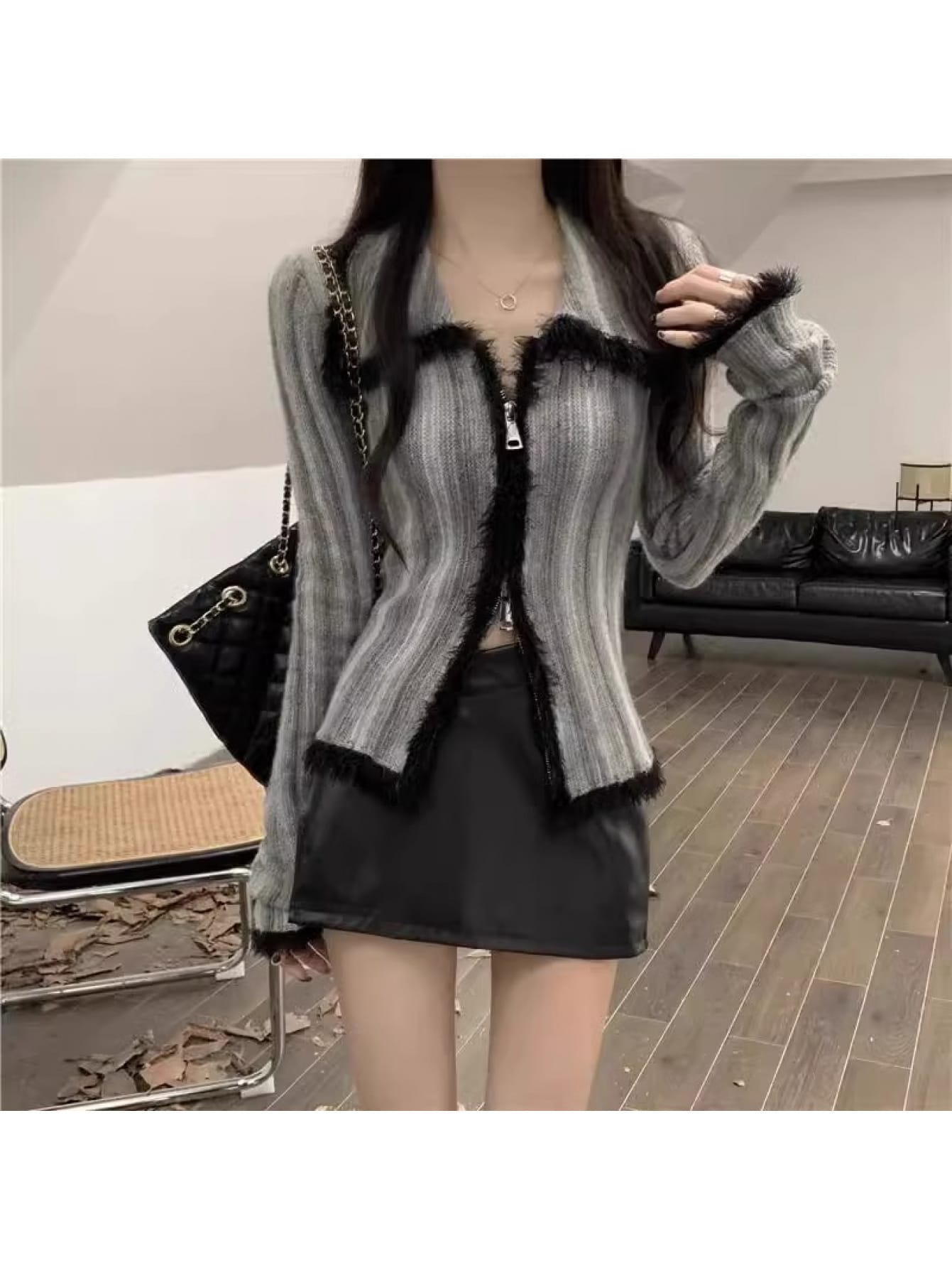 【全店30％OFF引き換え証】【グラデーション】ジレー レディース ダブルジップ 編み物 上衣 トップス 襟付き添い人 フリンジ 鳥毛 リブニット 長袖 か細い きつい 羽織り 着痩せ 細押し出し 割れ易い押し出し 体型押しかぶせる 伸縮性 レトロ ヴィンテー