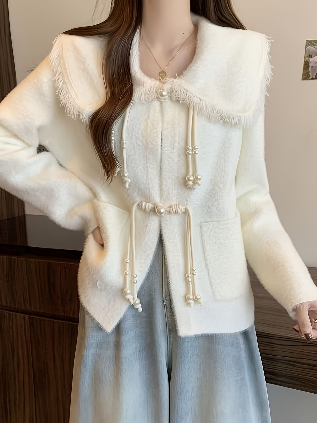 【全店30％OFF引き換え証】【瀬戸もの風】編み物 ジレー レディース ボア 上衣 パール 名取り草 フリンジ トップス アウター モコモコ シャギー 襟付き添い人 ビッグ色合い タッセル 飾りつけ 晴れ晴れしい 雅びやか レトロ ヴィンテージ風 成年者可愛