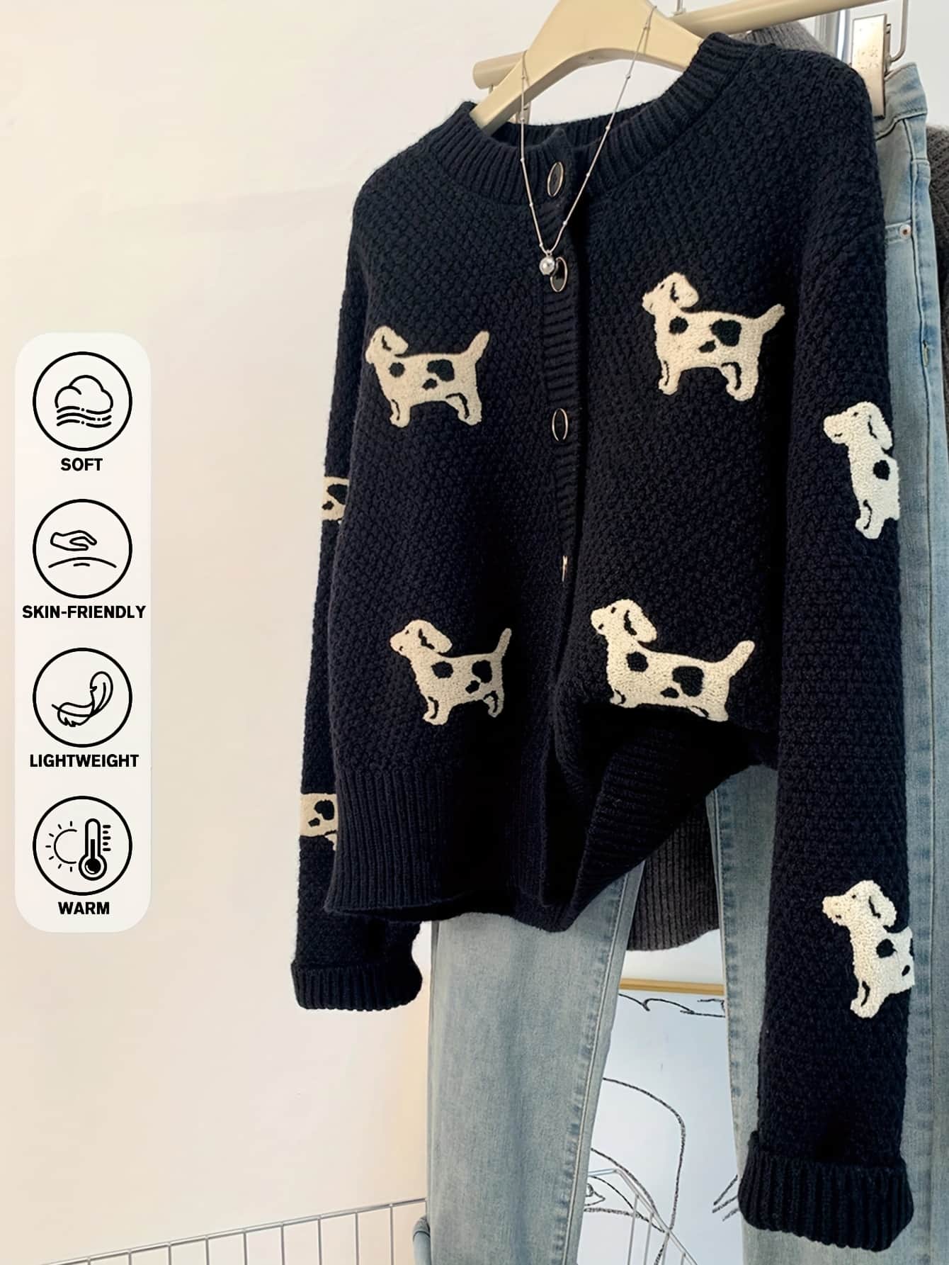 【全店30％OFF引き換え証】【成年者好いたらしい】ジレー 編み物 レディース スウェーター 羽織り 犬柄 秘密捜査員 飼い犬 毛の荒物柄 総柄 トップス 長袖 労働者の一団のど首 丸首 前食い違い 名取り草 ゆったり ビッグ影ぼうし 厚地の外套大きさ 体型押しかぶせる 着痩せ 厚
