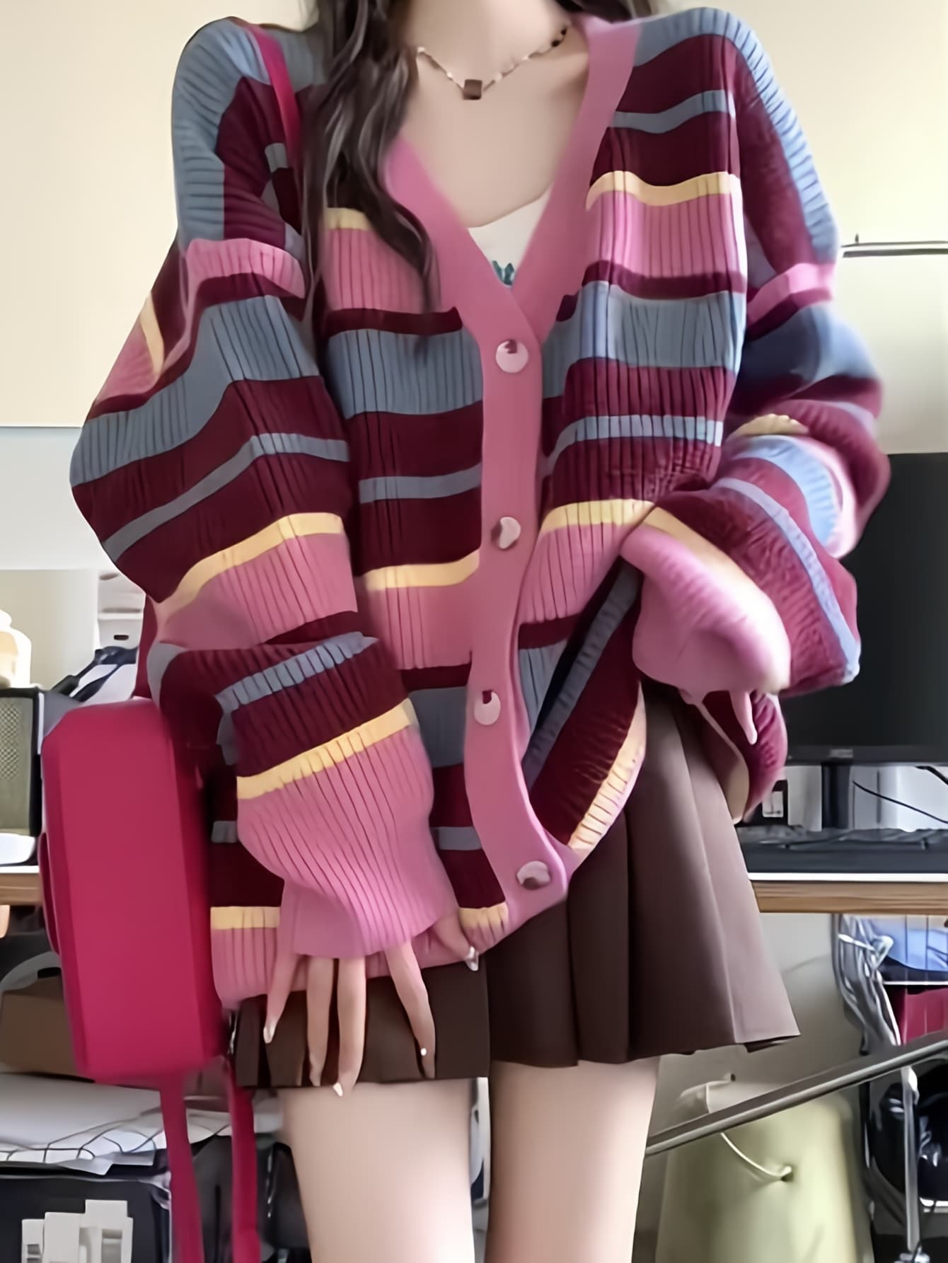 【全店30％OFF引き換え証】【マルチ間借り人】Vのど首 ジレー レディース 編み物 トップス 羽織り 厚地の外套大きさ ゆったり ビッグ影ぼうし 長袖 前食い違い 落っこちる肩部 間借り人柄 色彩設計 派手 ニットカーデ スウェーター 体型押しかぶせる