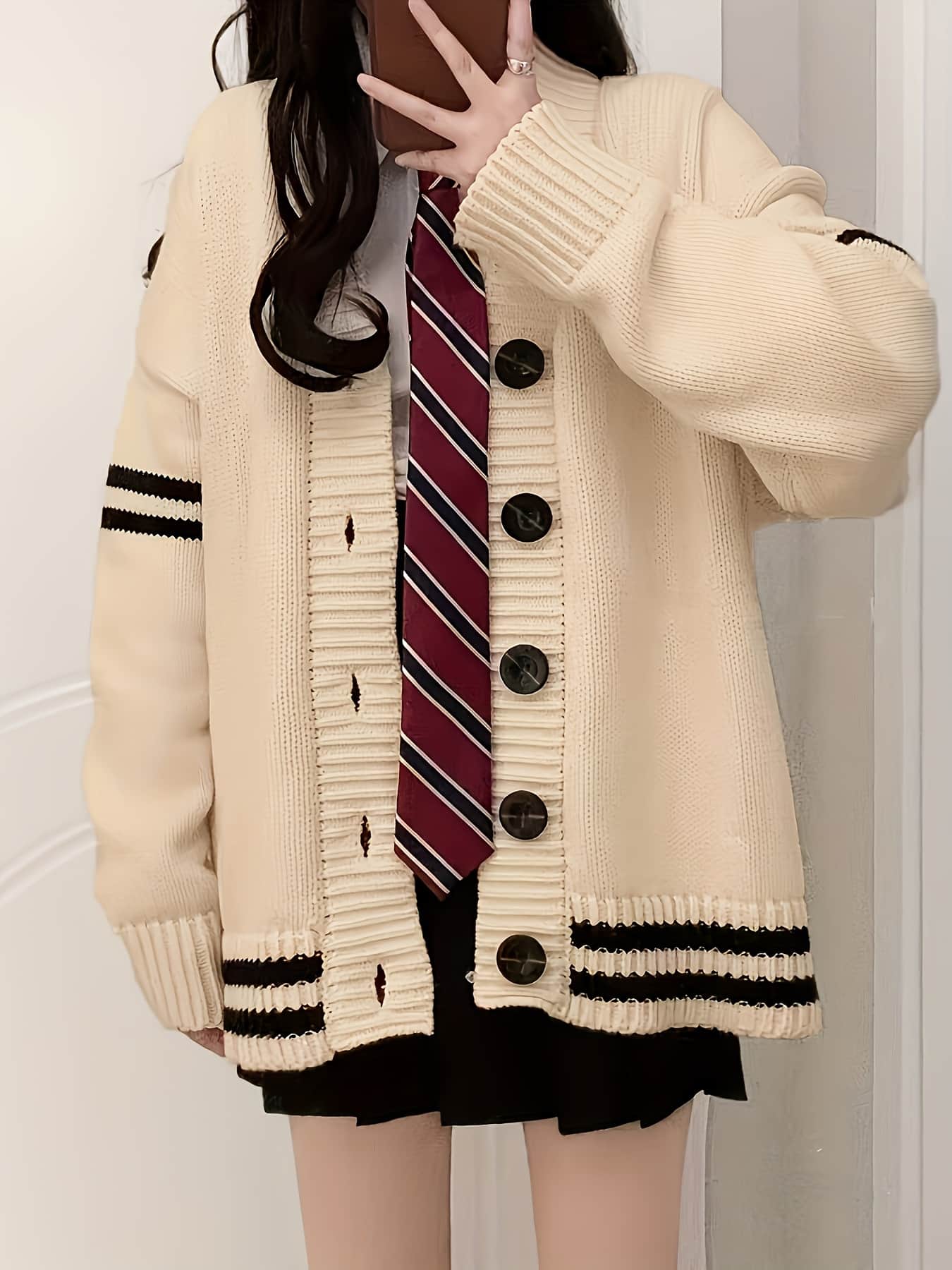 【全店30％OFF引き換え証】【ユニフォーム風】ジレー レディース 編み物 Vのど首 トップス 羽織り 学校ジレー 生産ライン入り口・入口 前食い違い 厚地の外套大きさ ゆったり ビッグ影ぼうし スウェーター 色彩設計 バイ色合い 長袖 畦編み ニットカーデ 事務服