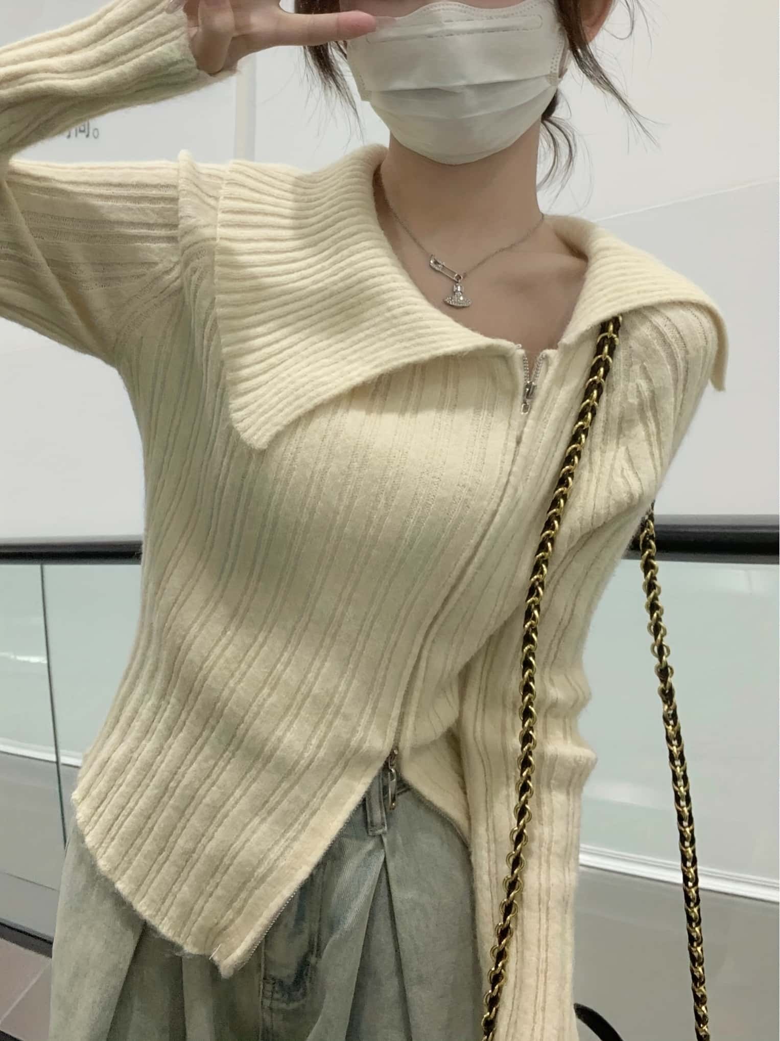 【全店30％OFF引き換え証】【ダブルジップ】編み物 ジレー レディース 非対称 襟付き添い人 リブニット トップス 長袖 遊撃手丈 クロップド丈 ジップアップ スウェーター か細い きつい 着痩せ 細押し出し 伸縮性 韓国流行り物 春夏秋冬 き