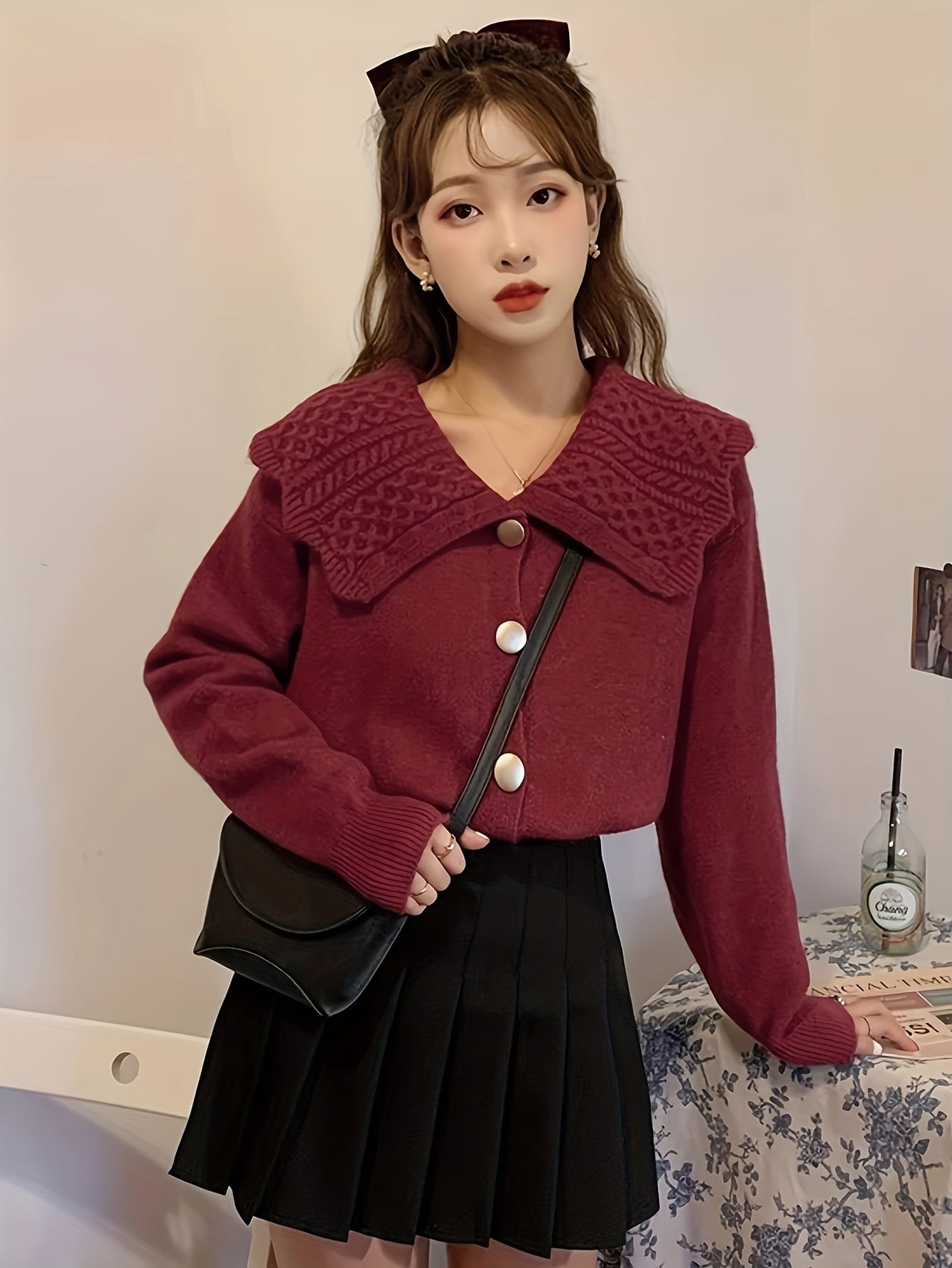 【全店30％OFF引き換え証】【ビッグ色合い】 ジレー レディース 編み物 スウェーター トップス 襟付き添い人 ビッグ襟 有線テレビ編み 前食い違い 名取り草 ボルドーワイン ぶどう酒赤いこと ゆったり 厚地の外套大きさ 体型押しかぶせる 着痩せ 小顔成り行き 成年者好いたらしい レトロ ガ