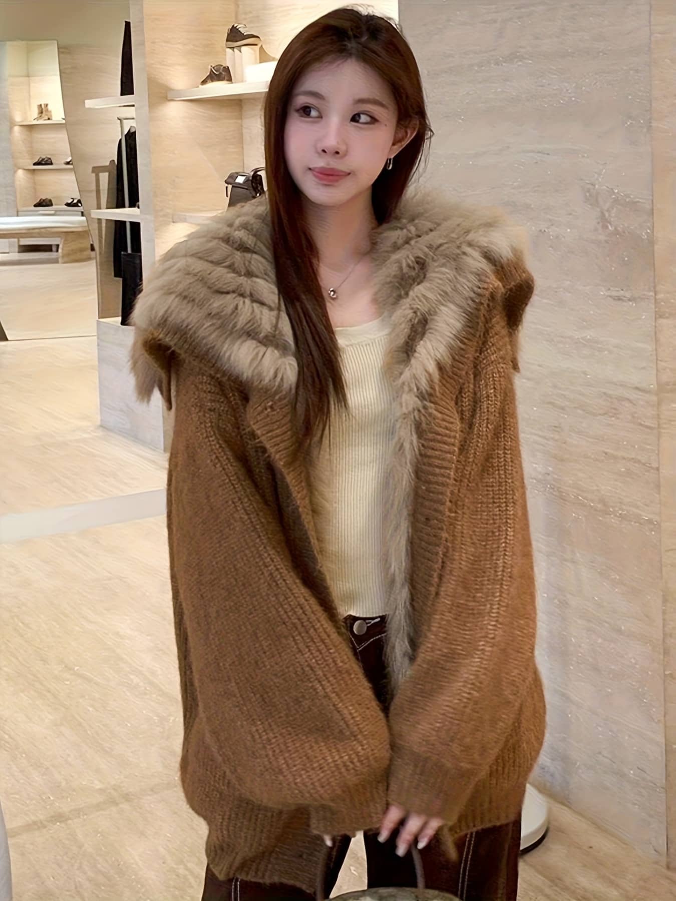 【全店通用25%OFFクーポン】【フェイクファー付】ニット カーディガン レディース フード付き 羽織り 秋冬 厚手 セーター トップス 長袖 ゆったり 大きいサイズ 体型カバー 暖かい 防寒 ローゲージ エコファー もこもこ ボア フーディー 前開|大森麗萱