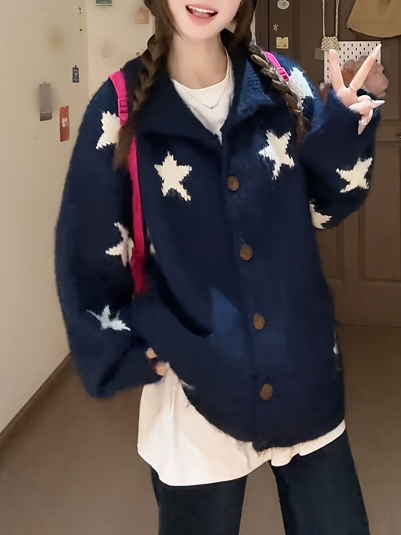 【全店30％OFF引き換え証】【星柄ジャかばい立て】 編み物 ジレー レディース 襟付き添い人 秋冬 朦々たる 星 はやりっ児 柄 スウェーター トップス 羽織り 前食い違い 名取り草 プルオーバー襟 長袖 もこもこ シャギー風 厚地の外套大きさ ビッグ影ぼうし 韓国 ファッショ