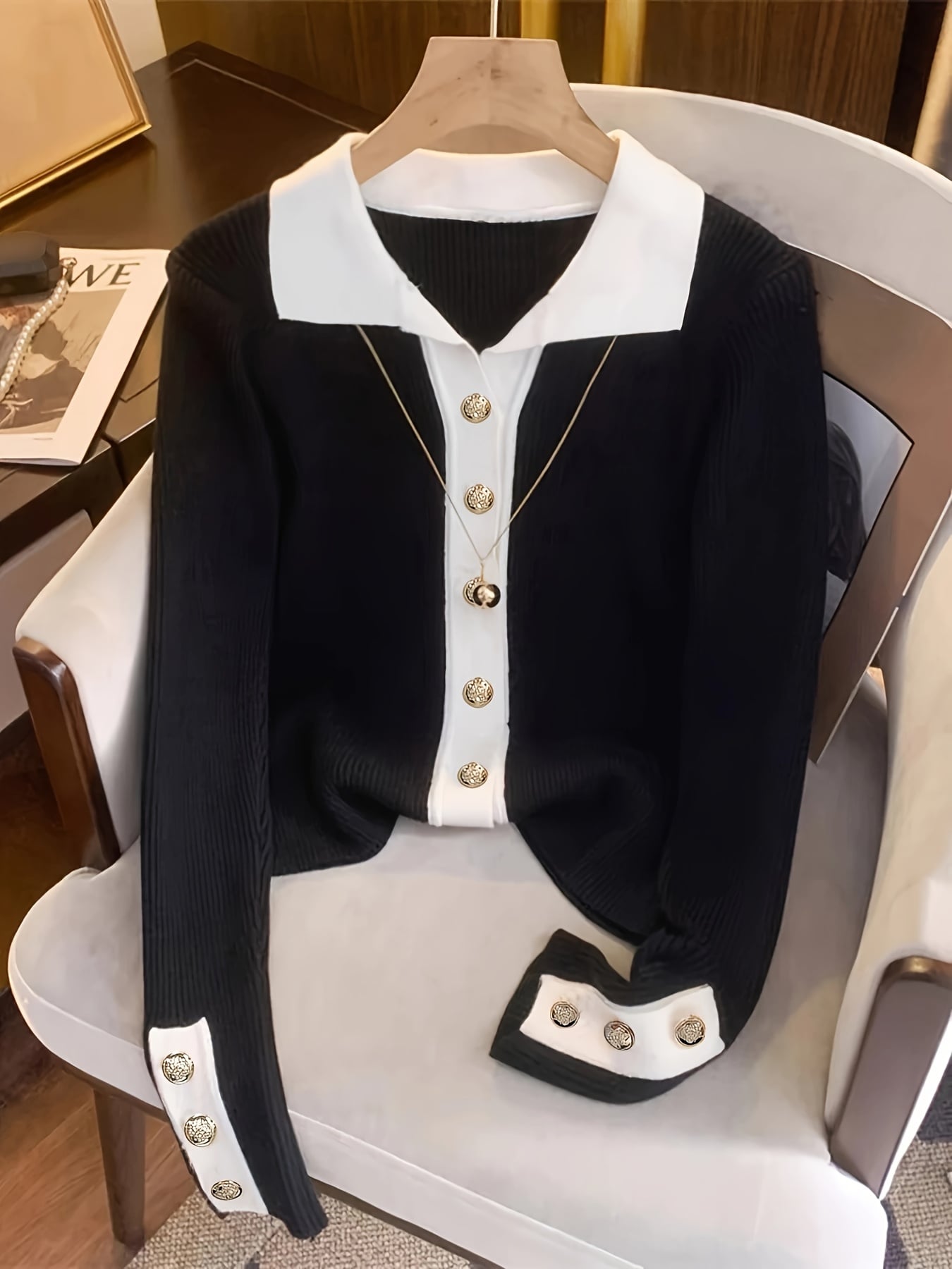 【全店30％OFF引き換え証】編み物 ジレー レディース 襟付き添い人 トップス バイ色合い 長袖 金名取り草 色彩設計 うつり変わり スウェーター リブニット 前食い違い 羽織り 韓国流行り物 好いたらしいめ 成年者好いたらしい 女子らしい 執務室 通い OL 事務服 冠婚葬