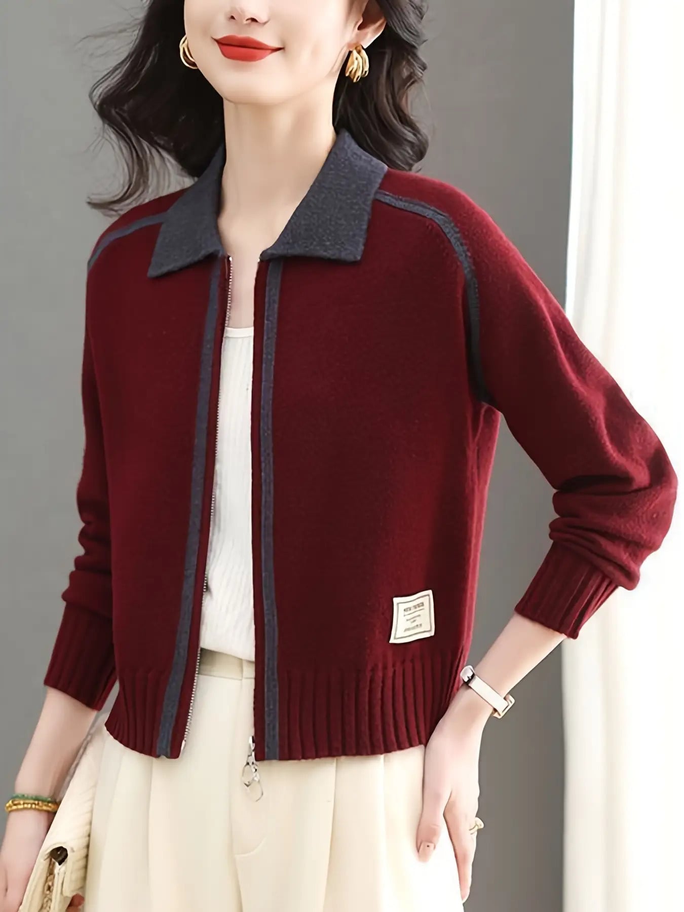 【全店30％OFF引き換え証】【ダブルジップ】 ジレー レディース 編み物 トップス 襟付き添い人 ポロ襟 ジップアップ フロントジップ 遊撃手丈 クロップド丈 羽織り 長袖 スウェーター 色彩設計 バイ色合い 肋材 体型押しかぶせる 着痩せ 細押し出し 脚長成り行き 重