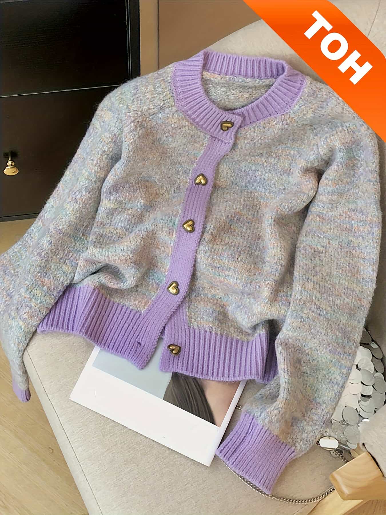 【全店30％OFF引き換え証】【ハート型名取り草】 ジレー レディース 秋冬 編み物ジレー スウェーター トップス 羽織り 労働者の一団のど首 丸首 前食い違い 長袖 入り合わせる色合い メランジ ゆったり 気が大きい大きさ 厚地の外套大きさ ビッグ影ぼうし 体型カ
