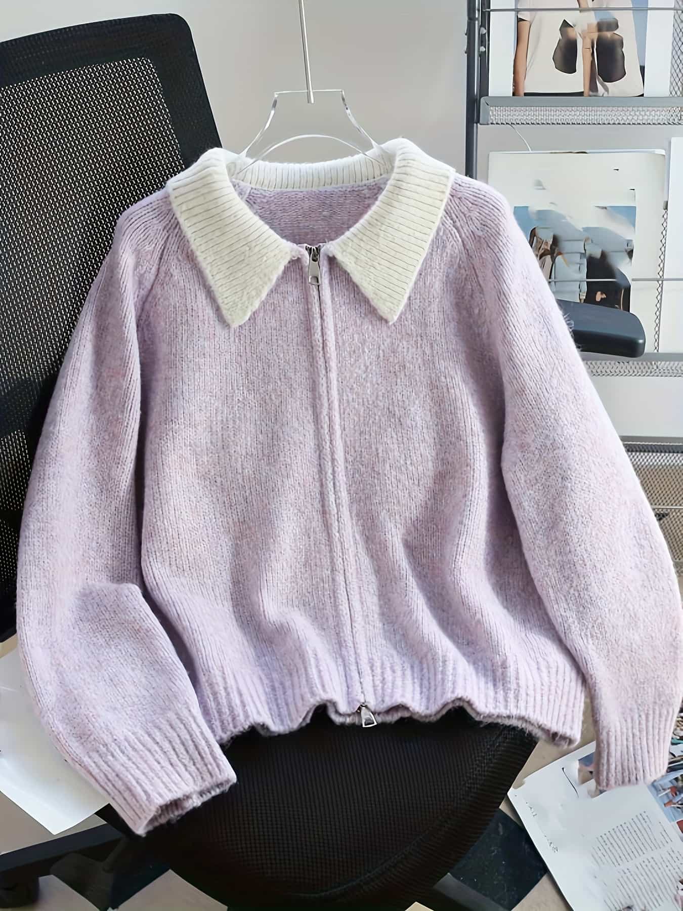 【全店30％OFF引き換え証】【ダブルジップ】編み物 ジレー レディース 襟付き添い人 朦々たる 秋冬 ジップアップ スウェーター 上衣 ライトアウター 羽織り 襟付き添い人編み物 ポロ襟 バイ色合い トップス 長袖 前食い違い チャック 2way 無地 ゆったり