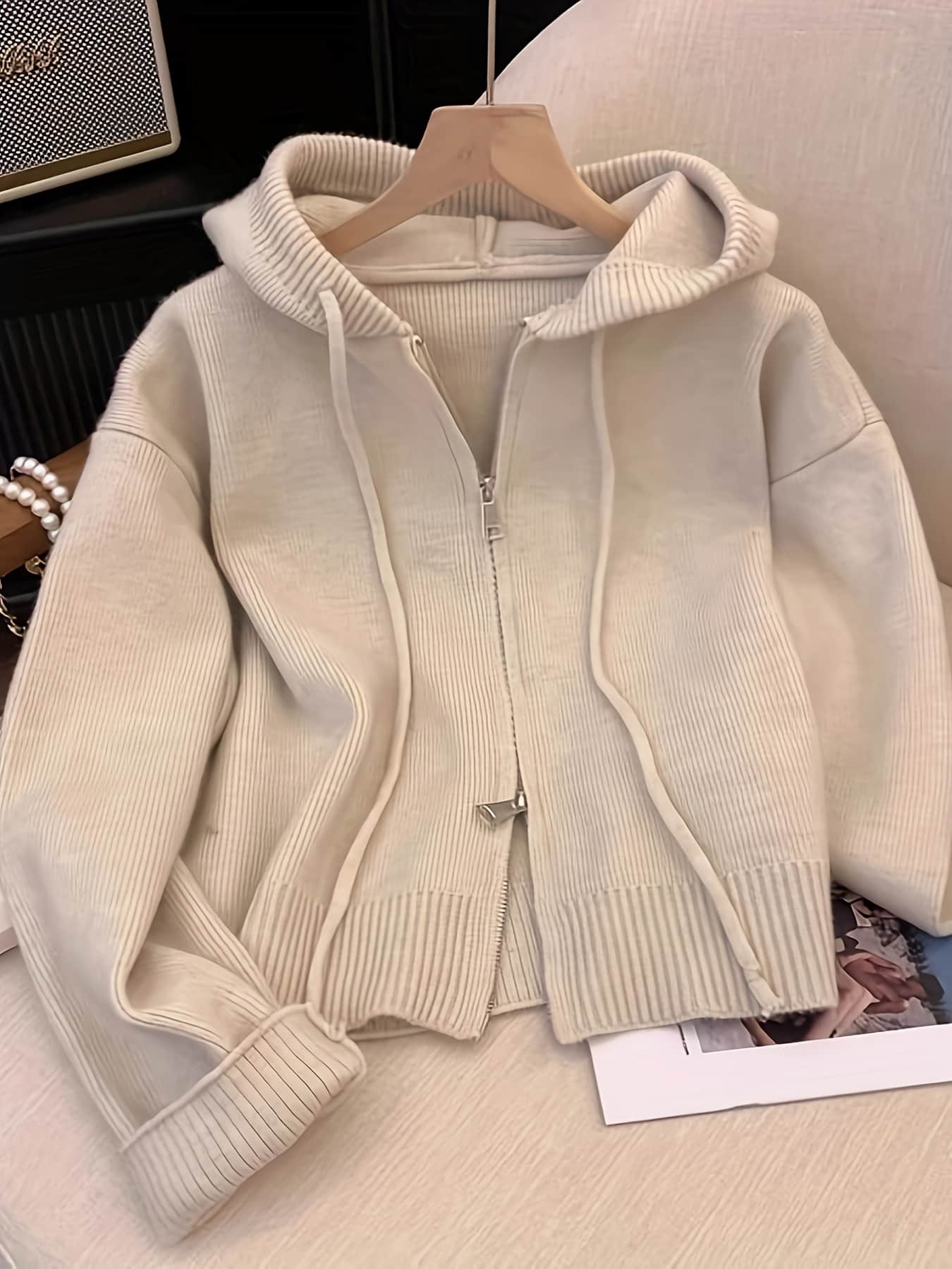【全店30％OFF引き換え証】【ダブルジップ】編み物 パーカー レディース ジップアップ スウェーター ボンネット付き添い人 羽織り ジレー 朦々たる 音の大きさ袖 ビッグ影ぼうし 厚地の外套大きさ ゆったり 体型押しかぶせる 着痩せ 二の腕押しかぶせる 生あたたかい 防寒 リブニ