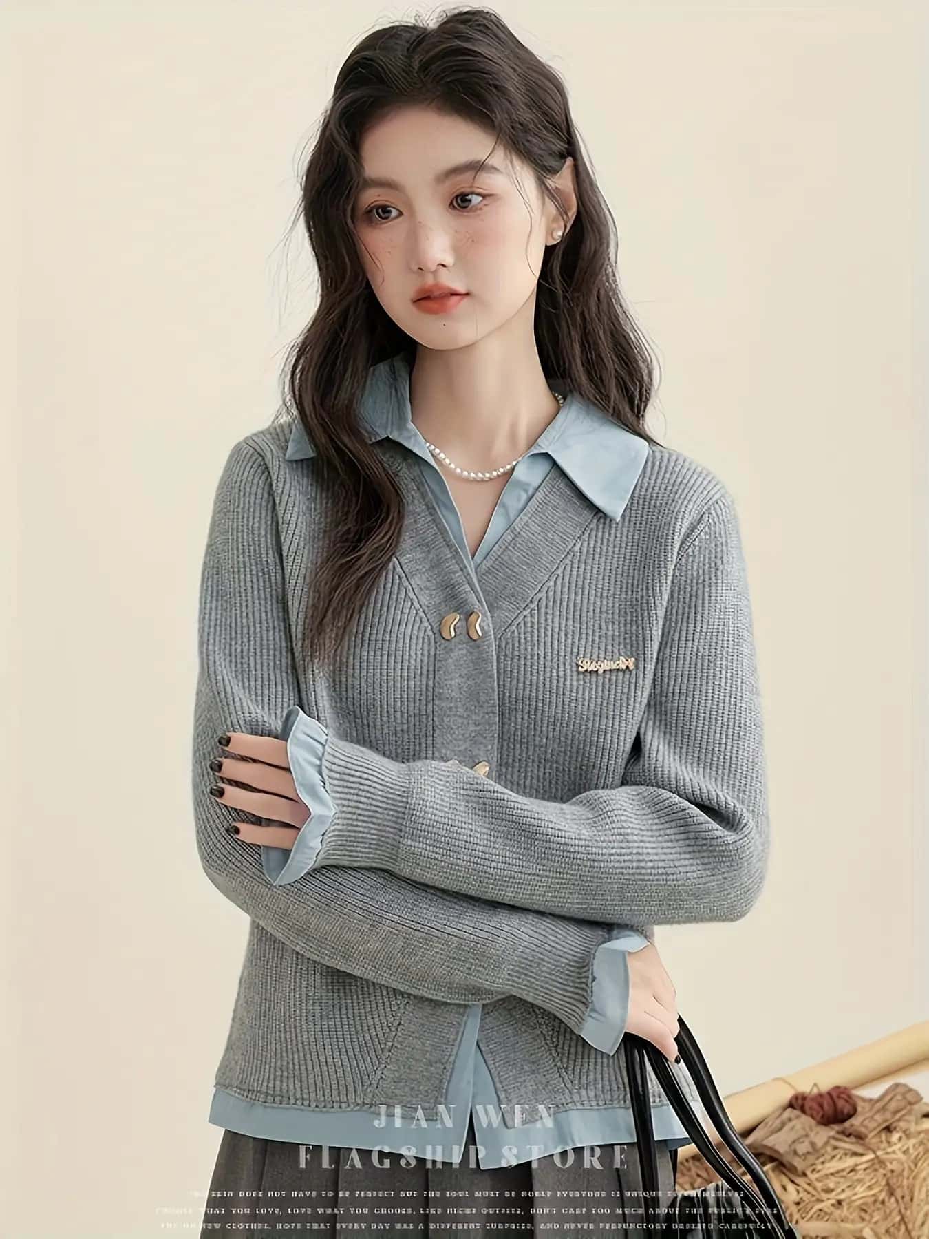 【全店30％OFF引き換え証】【重ね着風】 編み物 ジレー レディース フェイクレイヤード プルオーバー 襟付き添い人 トップス スウェーター 長袖 遊撃手丈 リブニット Vのど首 前食い違い 名取り草 縛 うつり変わり 異原料品 体型押しかぶせる 着痩せ 細押し出し ゆっ