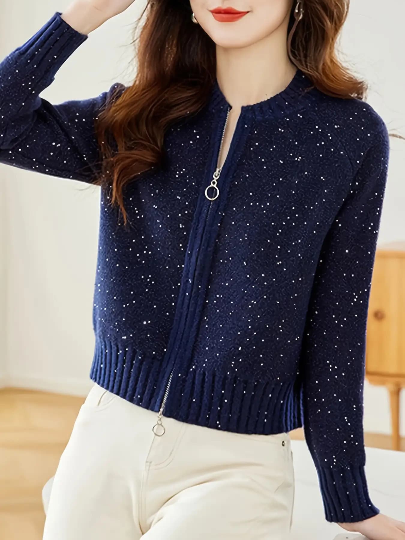 【全店30％OFF引き換え証】【キラキラ輝く】ダブルジップ ジレー レディース 編み物 上衣 スパンコール ラメ入り口・入口 トップス 長袖 スウェーター ジップアップ 丸首 労働者の一団のど首 遊撃手丈 伸縮性 伸ばすこと 生あたたかい 体型押しかぶせる 着痩せ 細