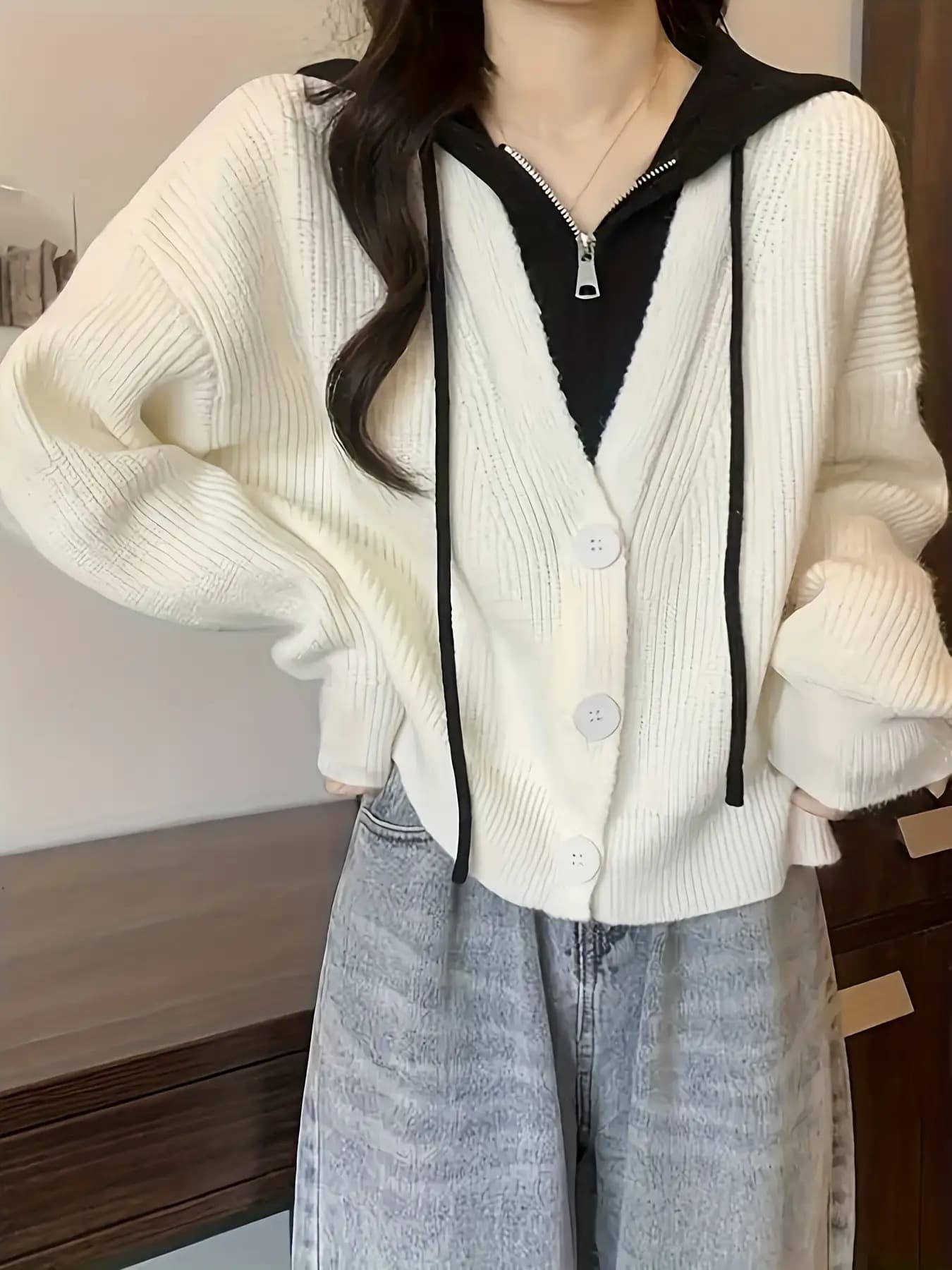【全店30％OFF引き換え証】【花の冠yd風】編み物 ジレー レディース スウェーター パーカー 重ね着風 フェイクレイヤード フーディー アウター トップス 羽織り ハーフジップ風 長袖 ゆったり 厚地の外套大きさ 気が大きい大きさ 体型押しかぶせる 着痩せ