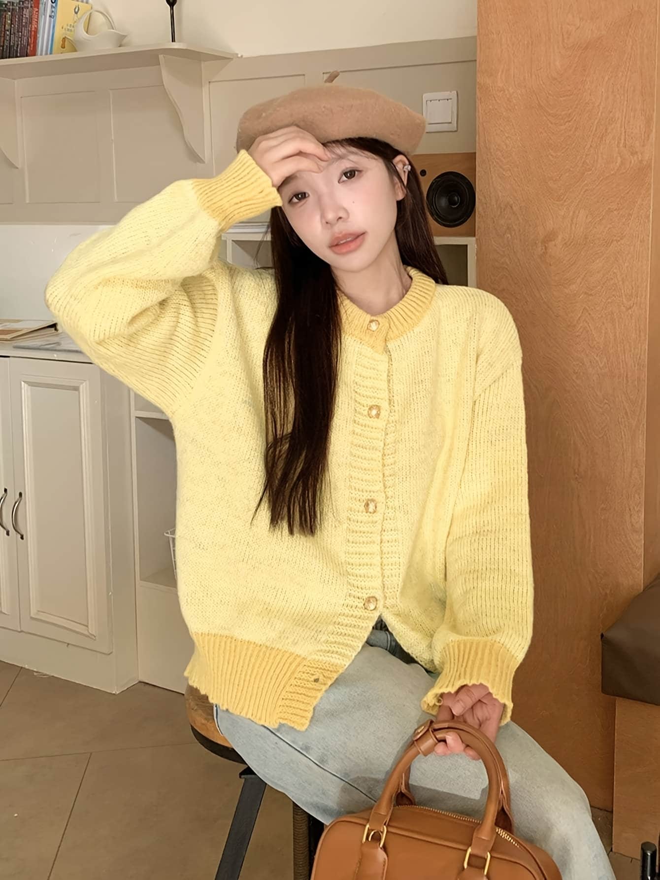 【全店30％OFF引き換え証】【もっちりもの柔らか】ジレー レディース 編み物 スウェーター 羽織り 労働者の一団のど首 丸首 厚地の外套大きさ ビッグ影ぼうし 前食い違い 名取り草 ゆる編み物 朦々たる 長袖 無地 肋材 洋芥子 黄色 体型押しかぶせる 二の腕押しかぶせる