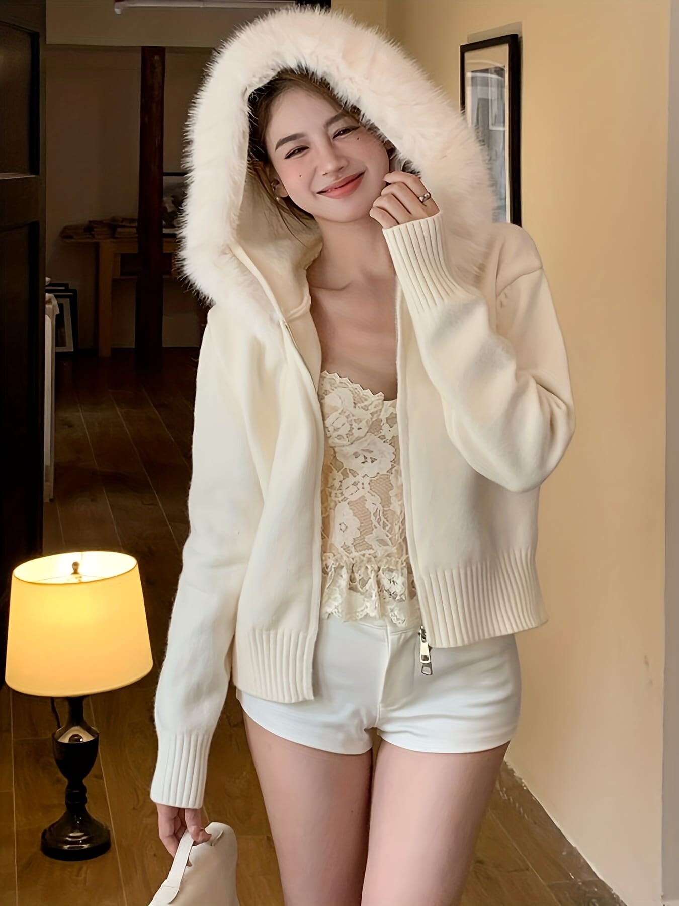 【全店30％OFF引き換え証】【小顔成り行き】編み物ジレー レディース ジップアップ パーカー ボンネット付き添い人 フェイクファー エコ毛皮 遊撃手丈 編み物上衣 羽織り 生あたたかい 防寒 朦々たる スウェーター 長袖 肋材 体型押しかぶせる 着痩せ 通い 会う約束