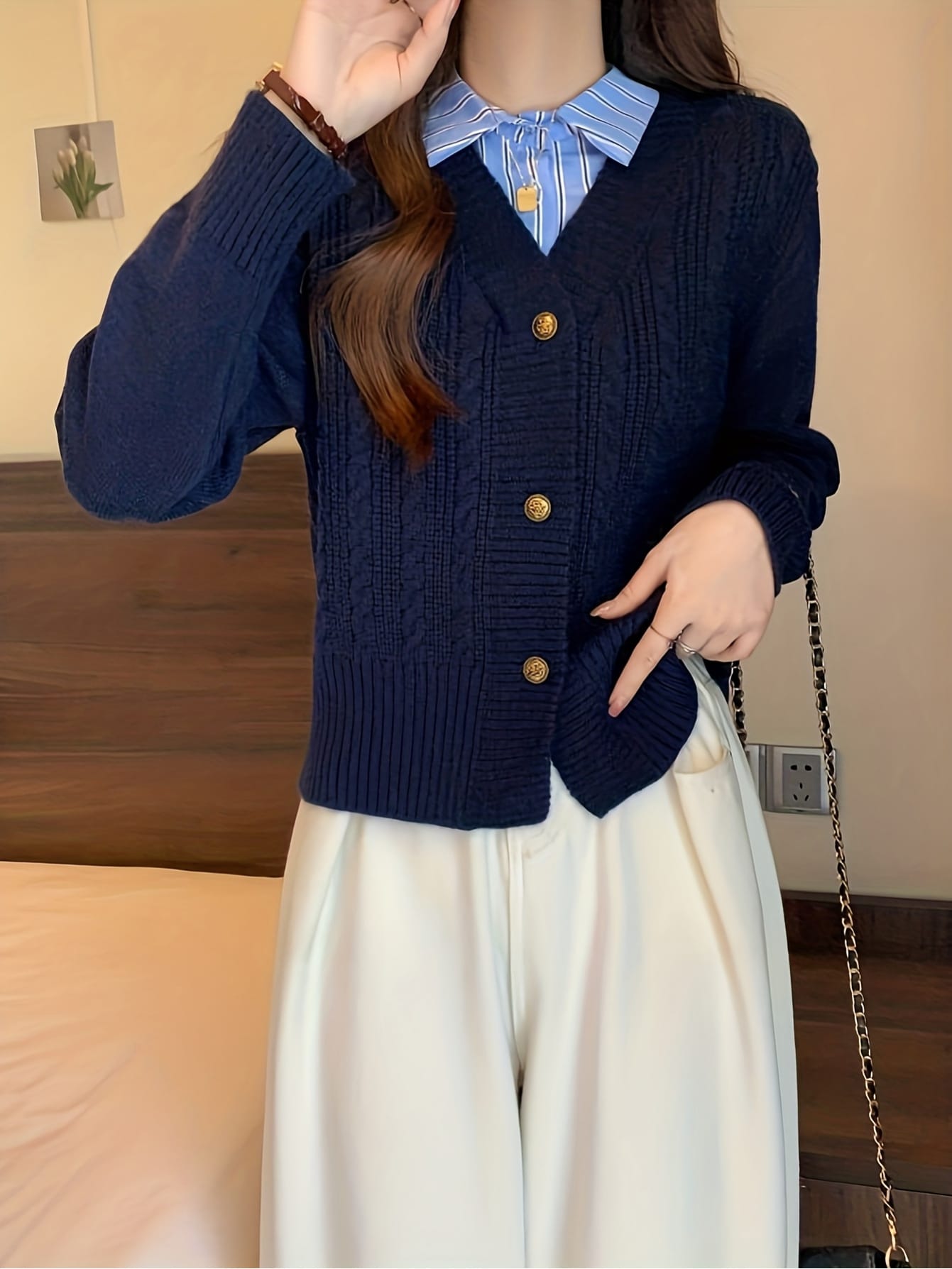【全店30％OFF引き換え証】【花の冠yd風】 ジレー レディース 編み物 スウェーター 重ね着風 襟付き添い人 フェイクレイヤード トップス Ｖのど首 プルオーバー襟 縞模様 金名取り草 有線テレビ編み 長袖 羽織り 生あたたかい 前食い違い 遊撃手丈 体型押しかぶせる 着