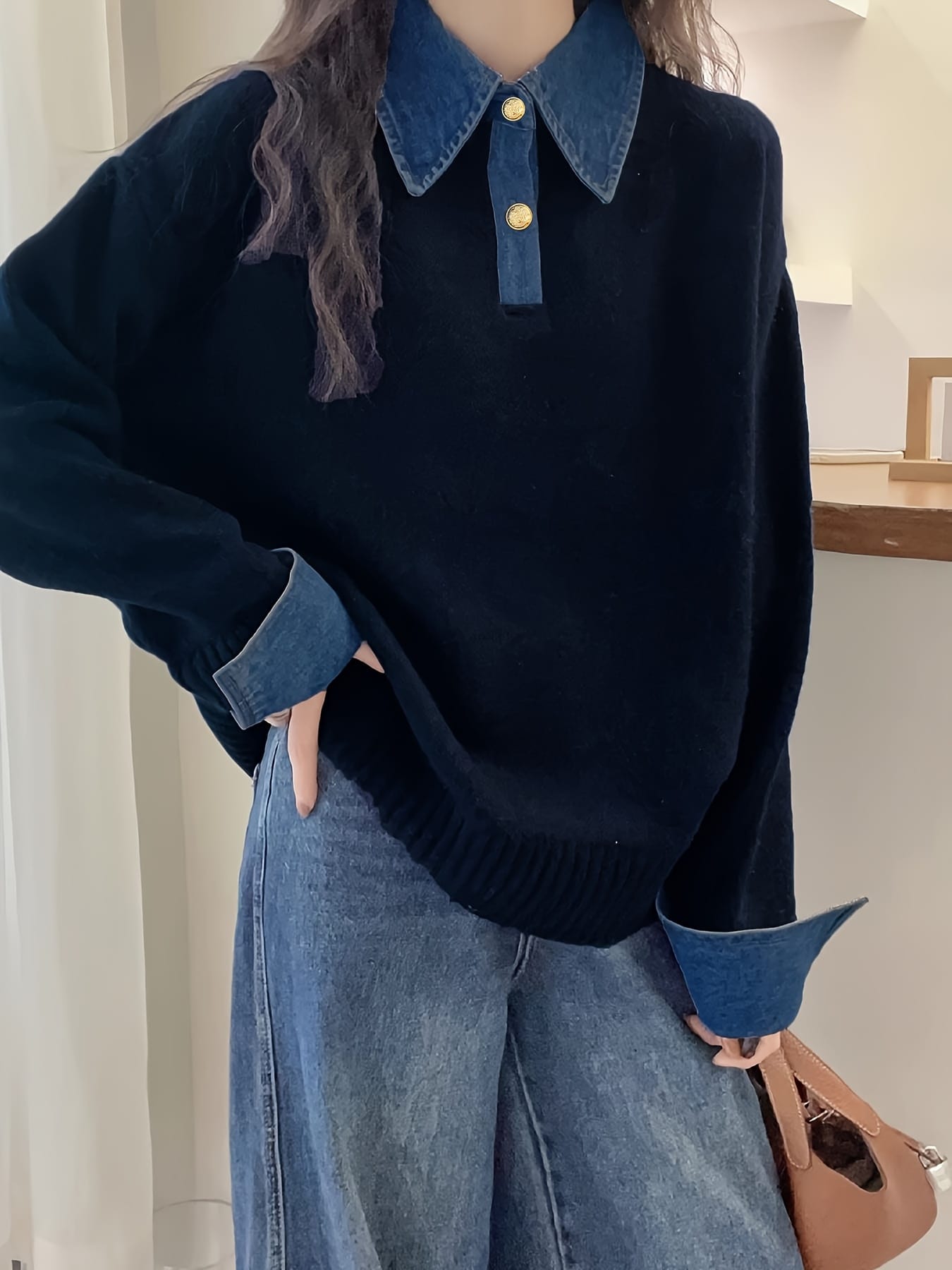 【全店30％OFF引き換え証】【フェイクレイヤード】 編み物 スウェーター レディース ジーンズ うつり変わり 重ね着風 ポロ襟 襟付き添い人 異原料品 上衣 トップス 長袖 ティーシャツ ゆったり 体型押しかぶせる 着痩せ 割れ易い押し出し 気が大きい大きさ 心地よい 好いたらしいめ 大