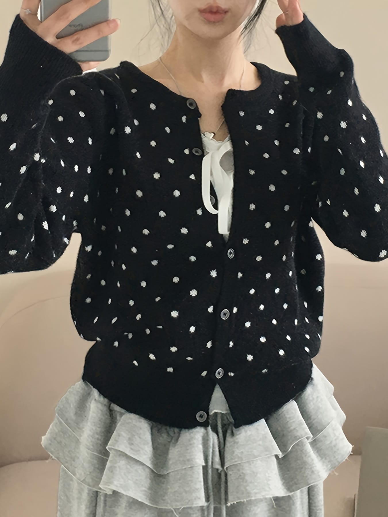 【全店30％OFF引き換え証】【点点柄】 ジレー レディース 編み物 水玉 前食い違い 労働者の一団のど首 丸首 長袖 羽織り トップス スウェーター パステル色の ライトアウター 韓国流行り物 レトロ 古典派音楽 成年者好いたらしい 好いたらしいめ 心地よい 体型河馬