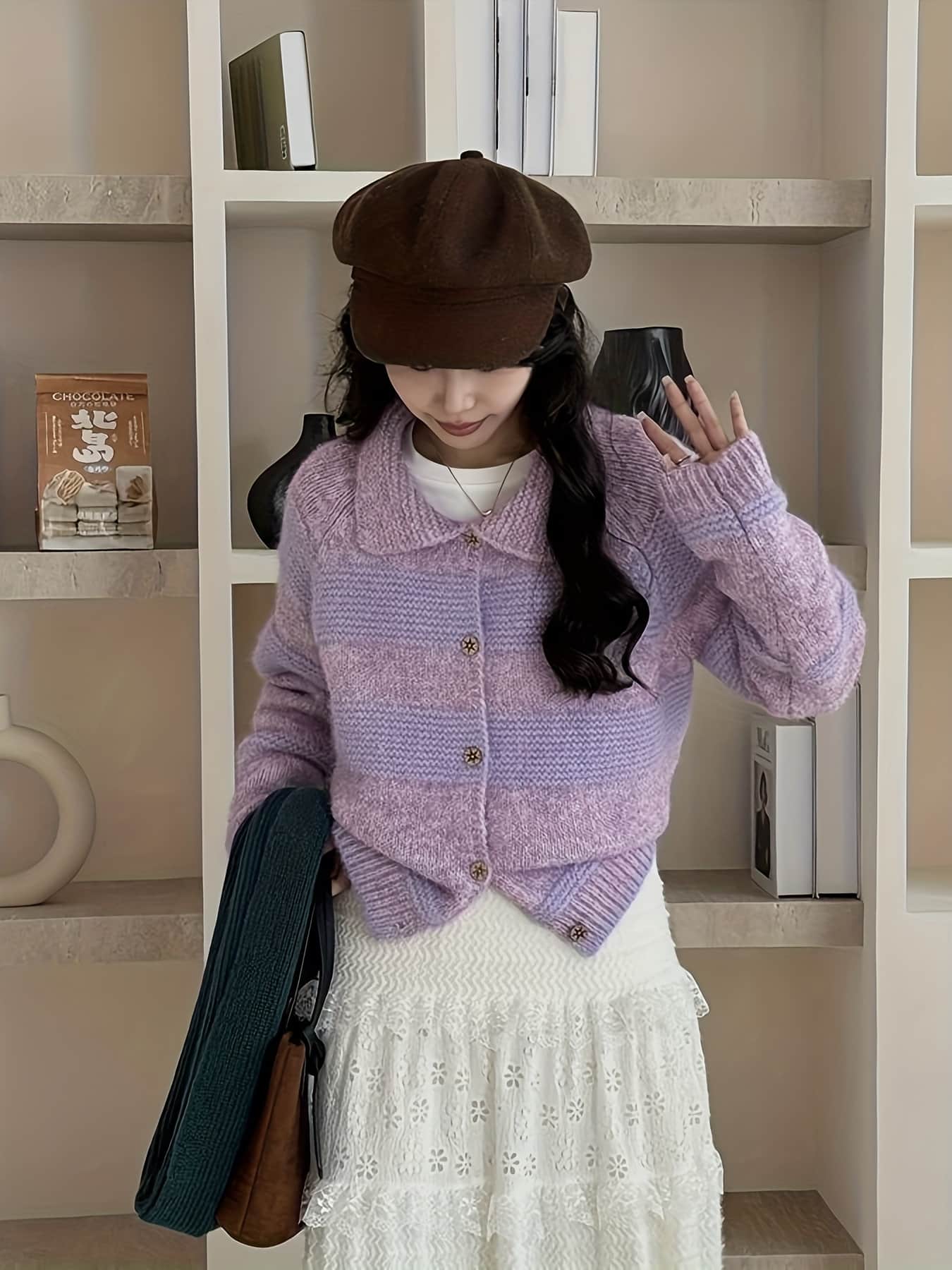 【全店30％OFF引き換え証】ジレー 編み物 レディース 襟付き添い人 スウェーター トップス 羽織り 前食い違い 名取り草 襟 朦々たる パステル色の もこもこ ふわふわ 生あたたかい パープル 紫 ラベンダー グラデーション パステルカラー 成年者好いたらしい 好いたらしいめ レトロ 体