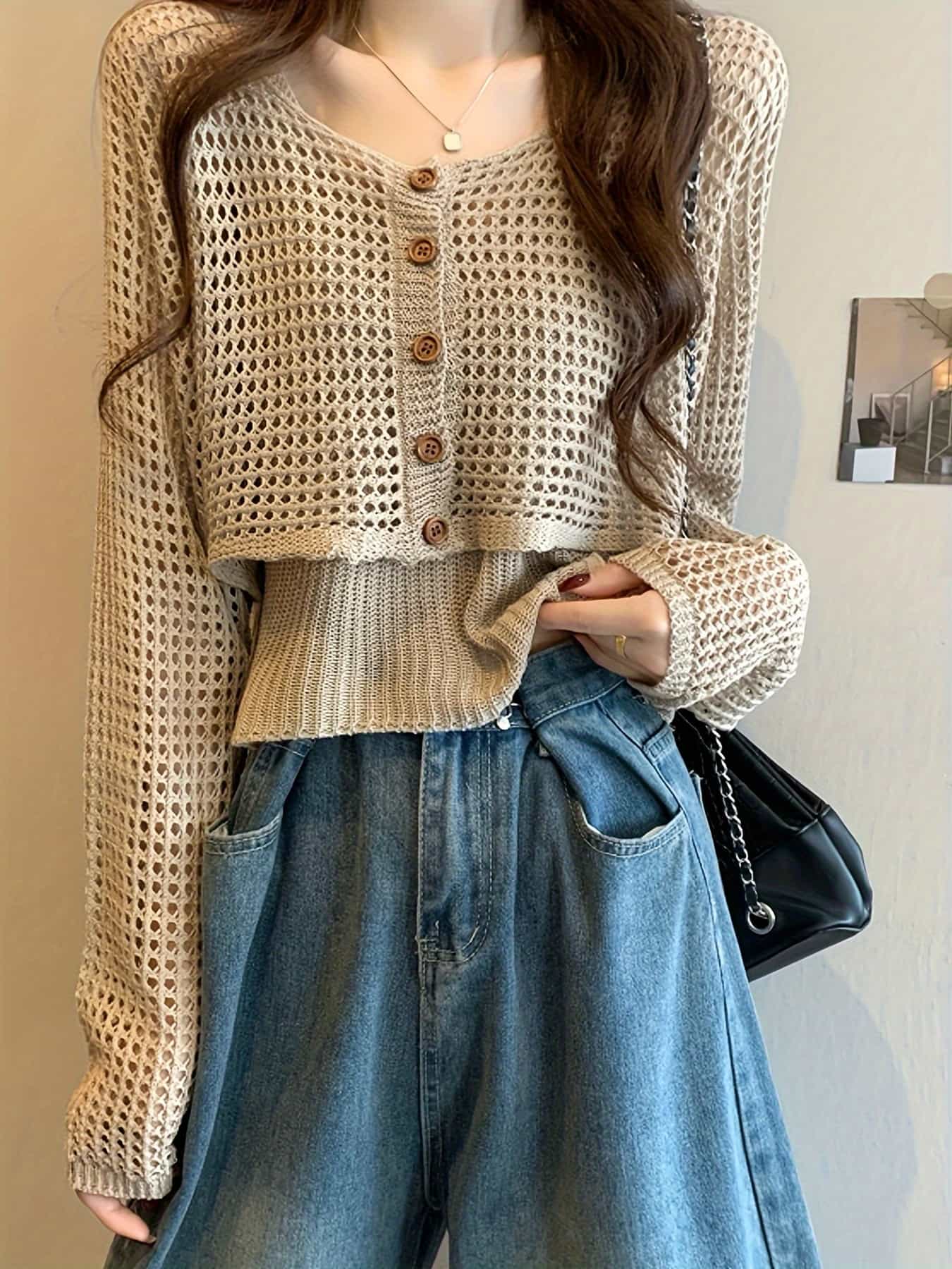 【全店30％OFF引き換え証】【透かし編み】 炎節編み物 ジレー レディース メッシュ トップス 長袖 Vのど首 スウェーター 前食い違い 羽織り 紫外線打つ手 冷房装置打つ手 日焼押しとどめる uvとり捨てる 薄っぺら 冷やりとした 透け感 シアー ニットソー 遊撃手丈 オフ